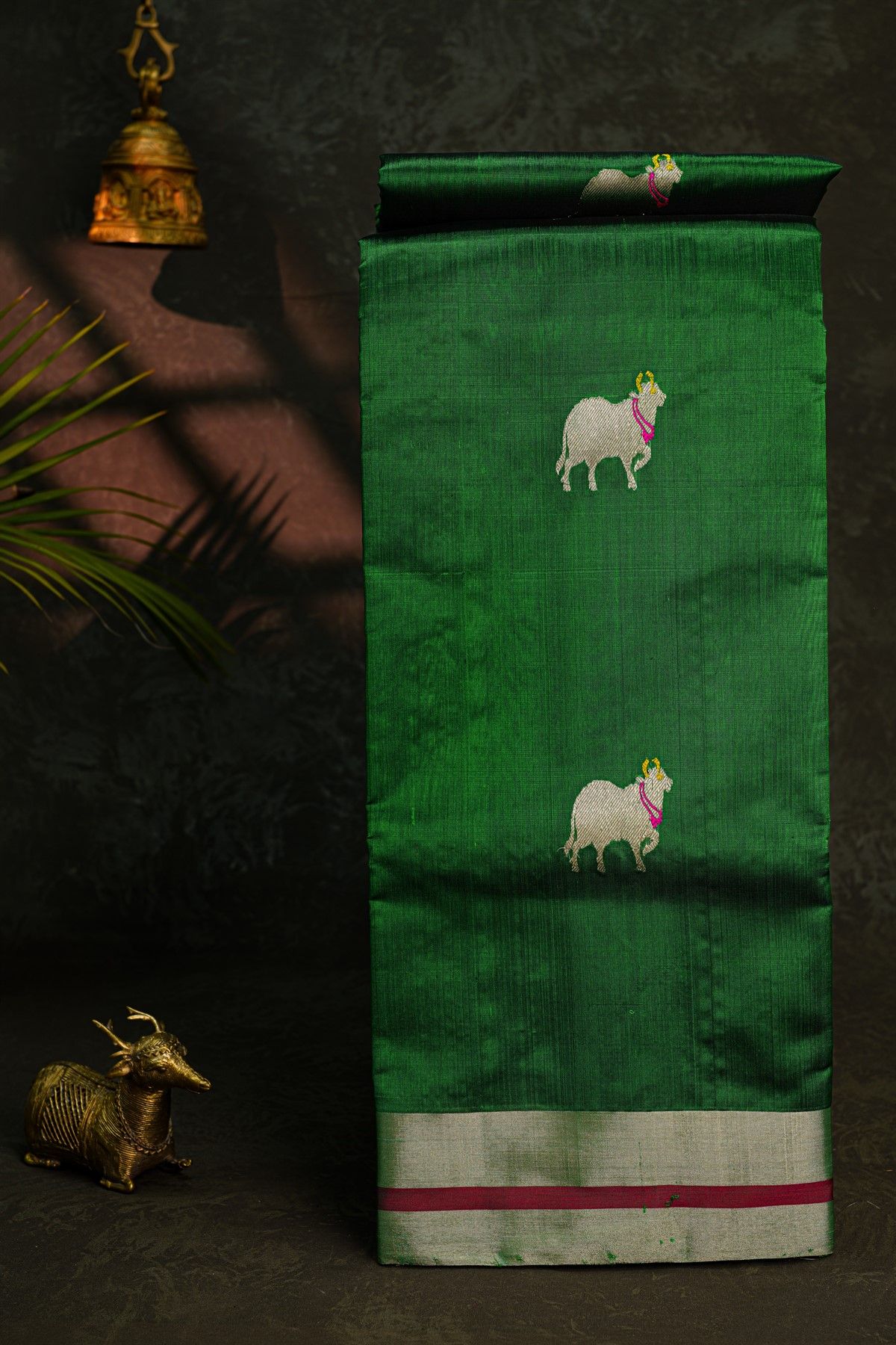 Chanderi Silk Bottle Green Saree With Pichwai Buttis Body