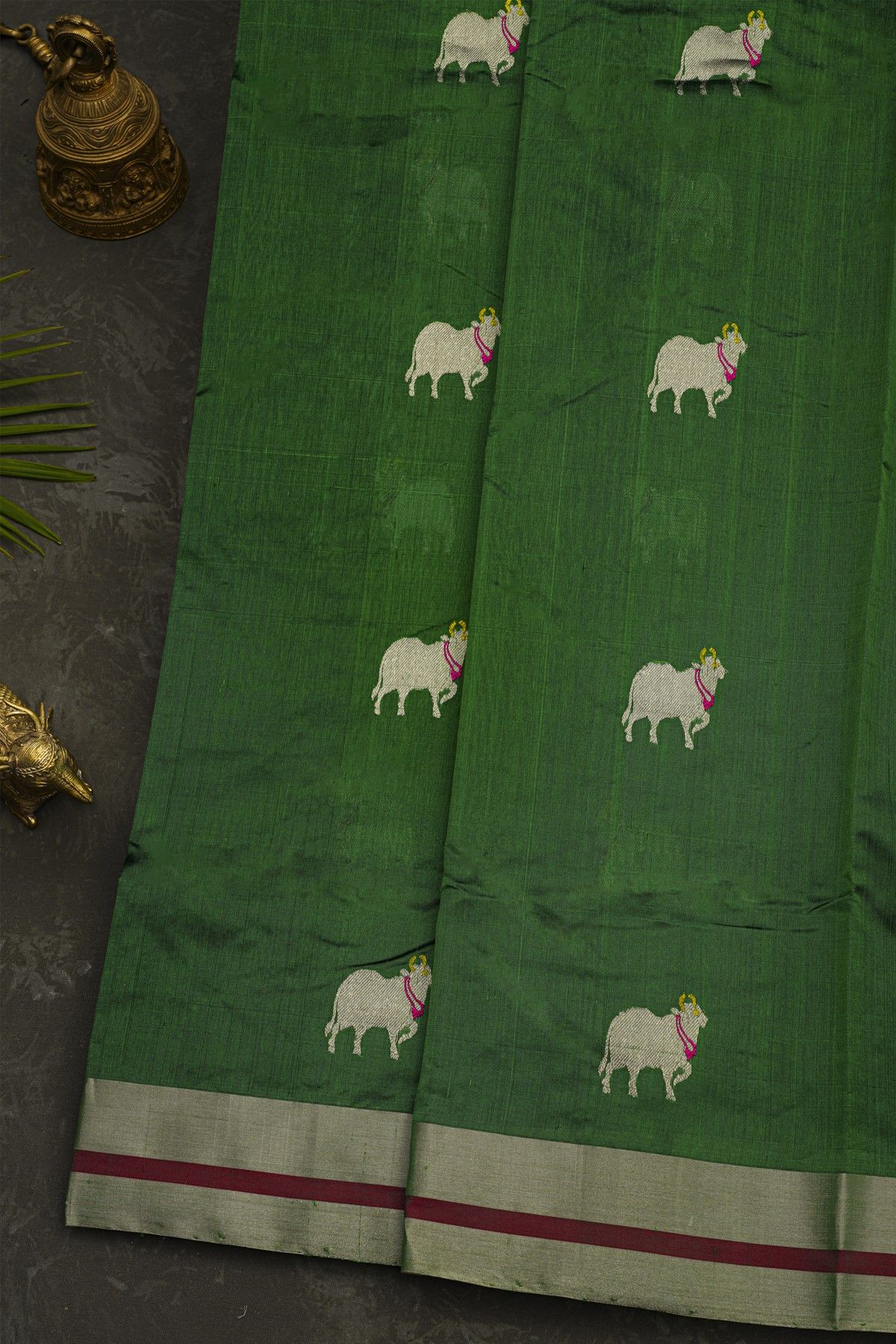 Chanderi Silk Bottle Green Saree With Pichwai Buttis Body