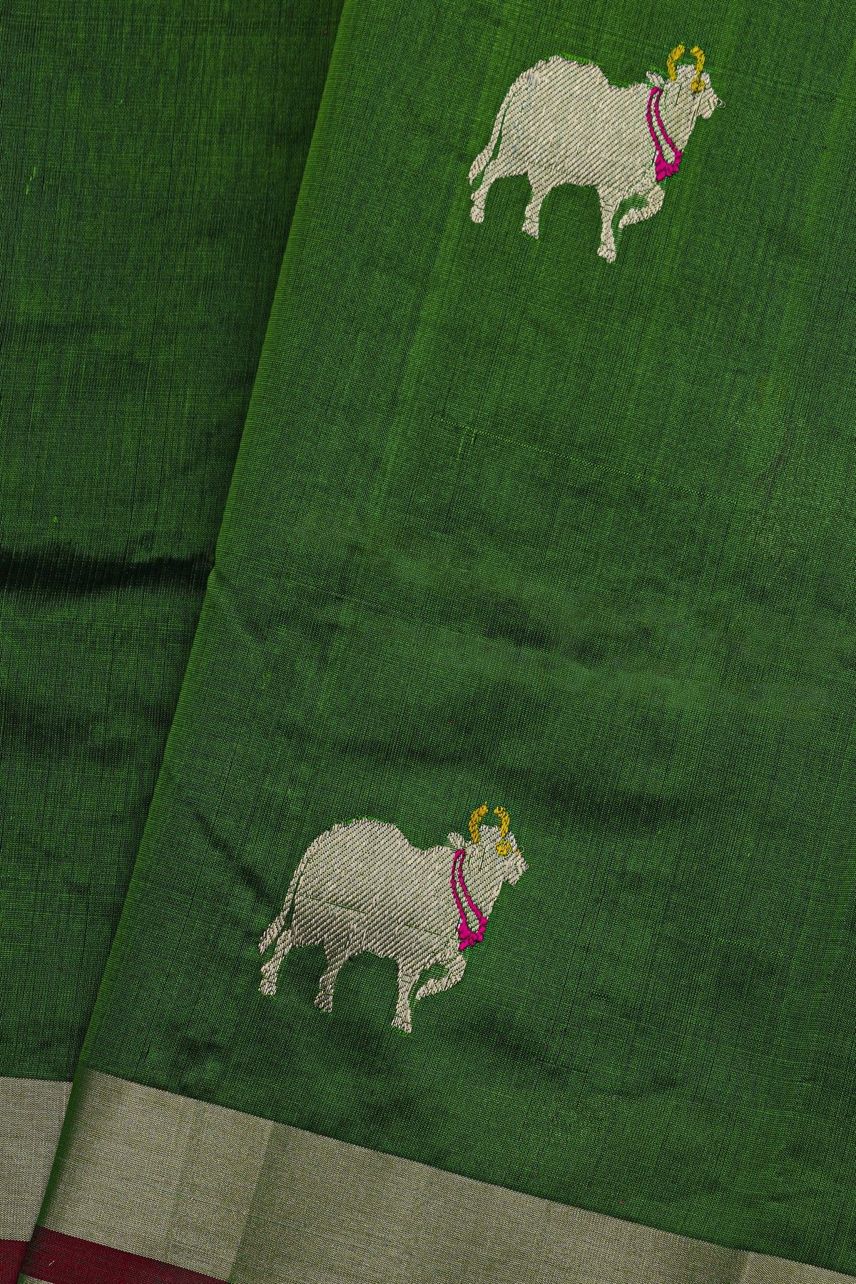 Chanderi Silk Bottle Green Saree With Pichwai Buttis Body
