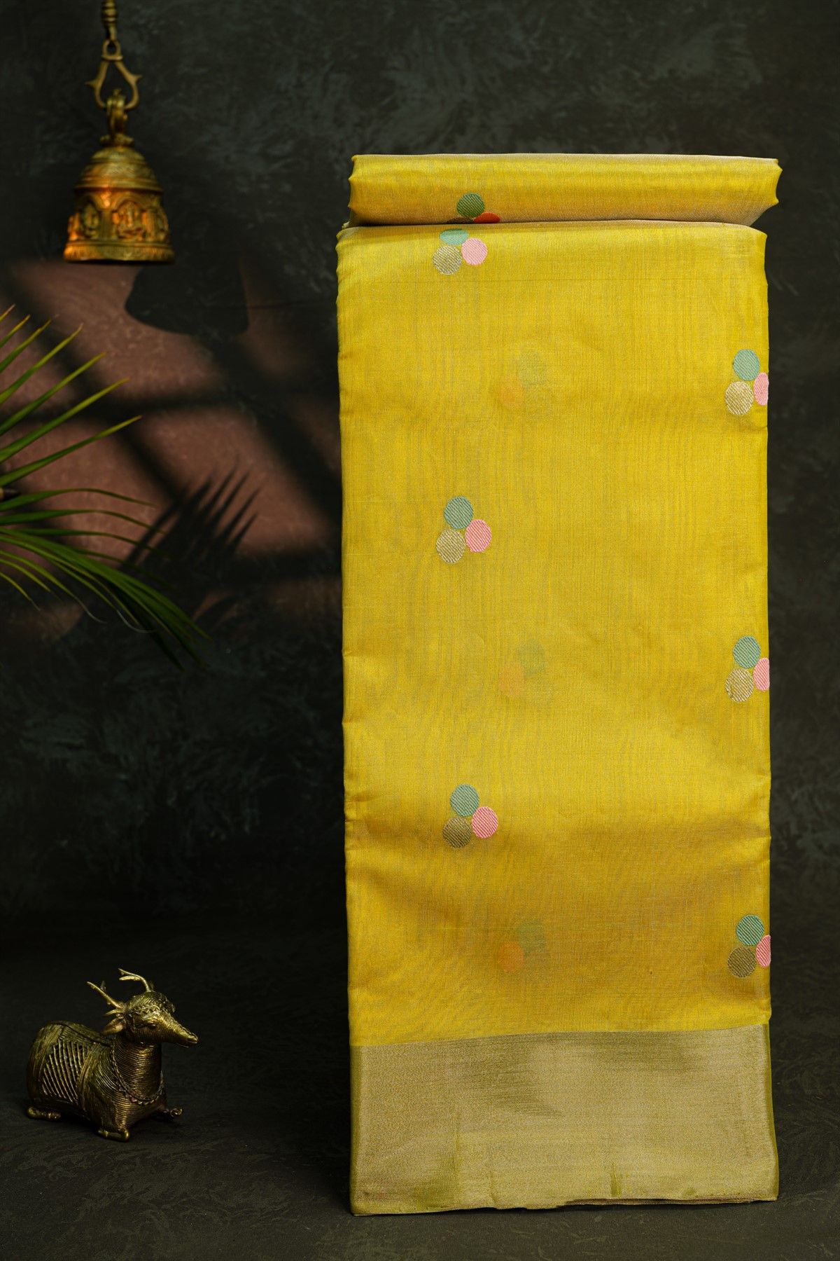 Chanderi Silk Yellow Saree With Circle Buttis Body