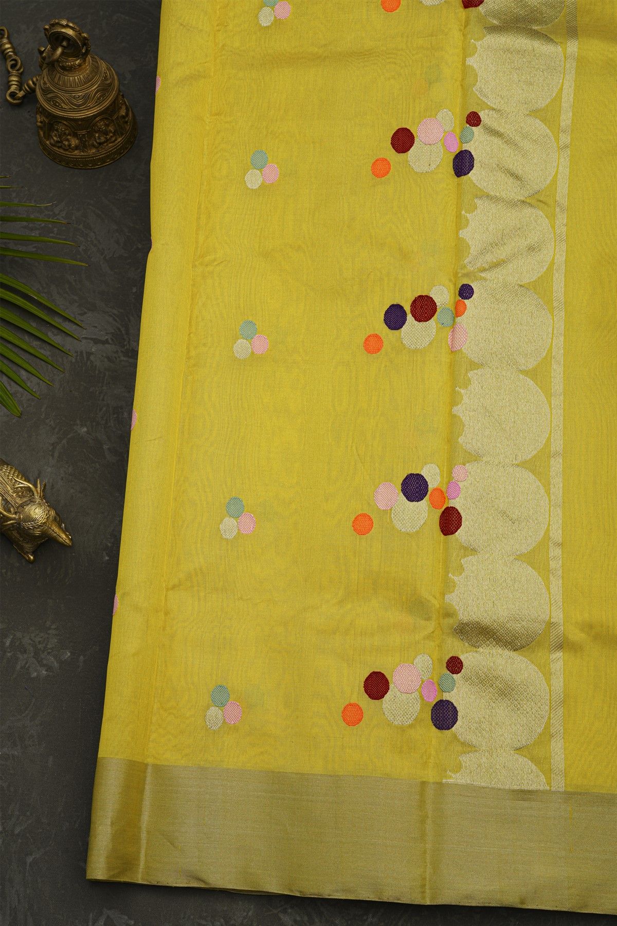 Chanderi Silk Yellow Saree With Circle Buttis Body