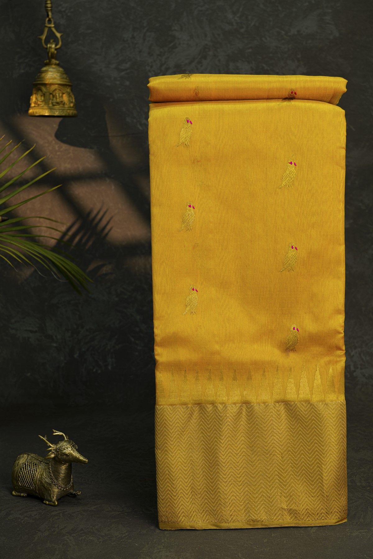 Chanderi Silk Mustard Saree With Parrot Buttis Body