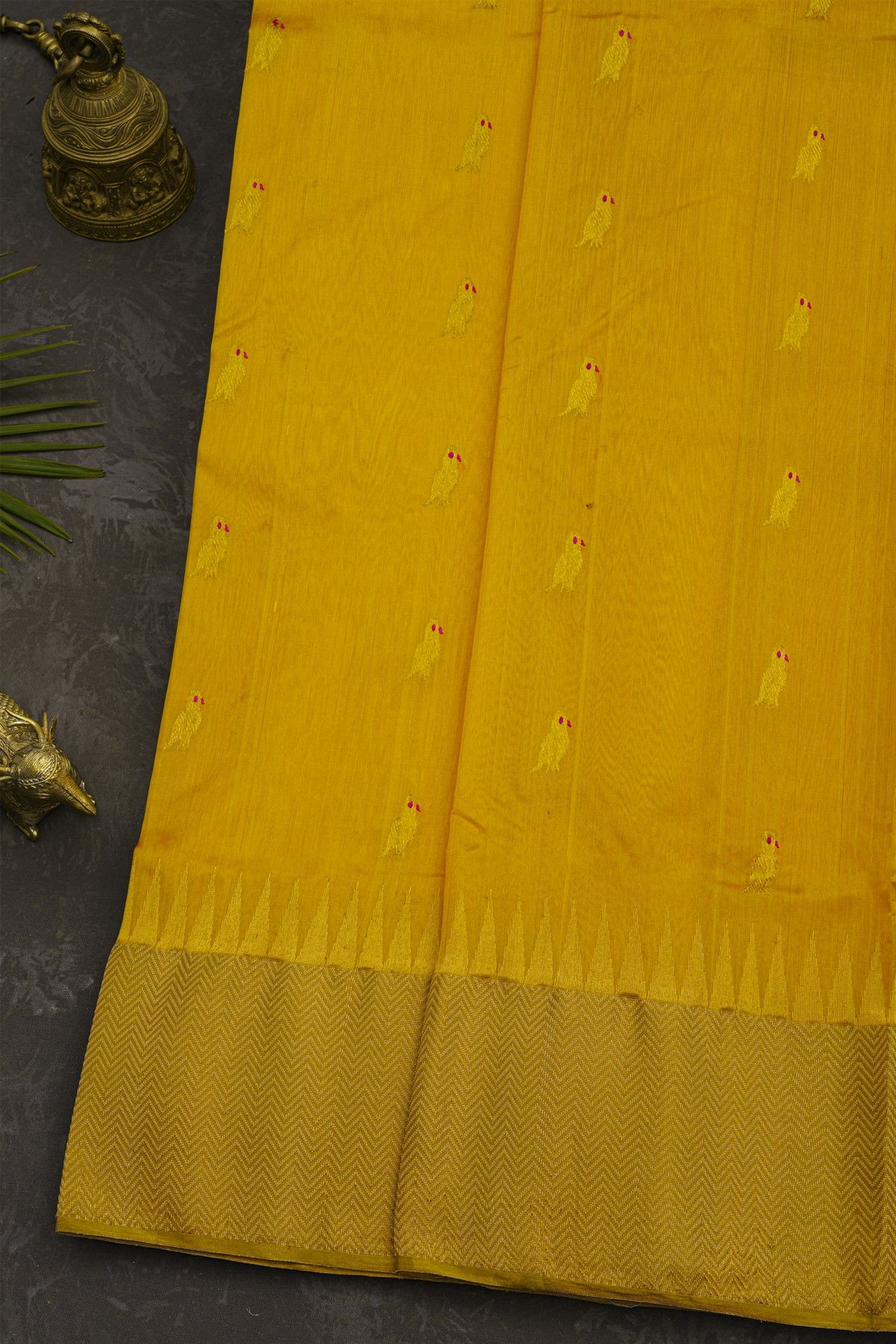 Chanderi Silk Mustard Saree With Parrot Buttis Body