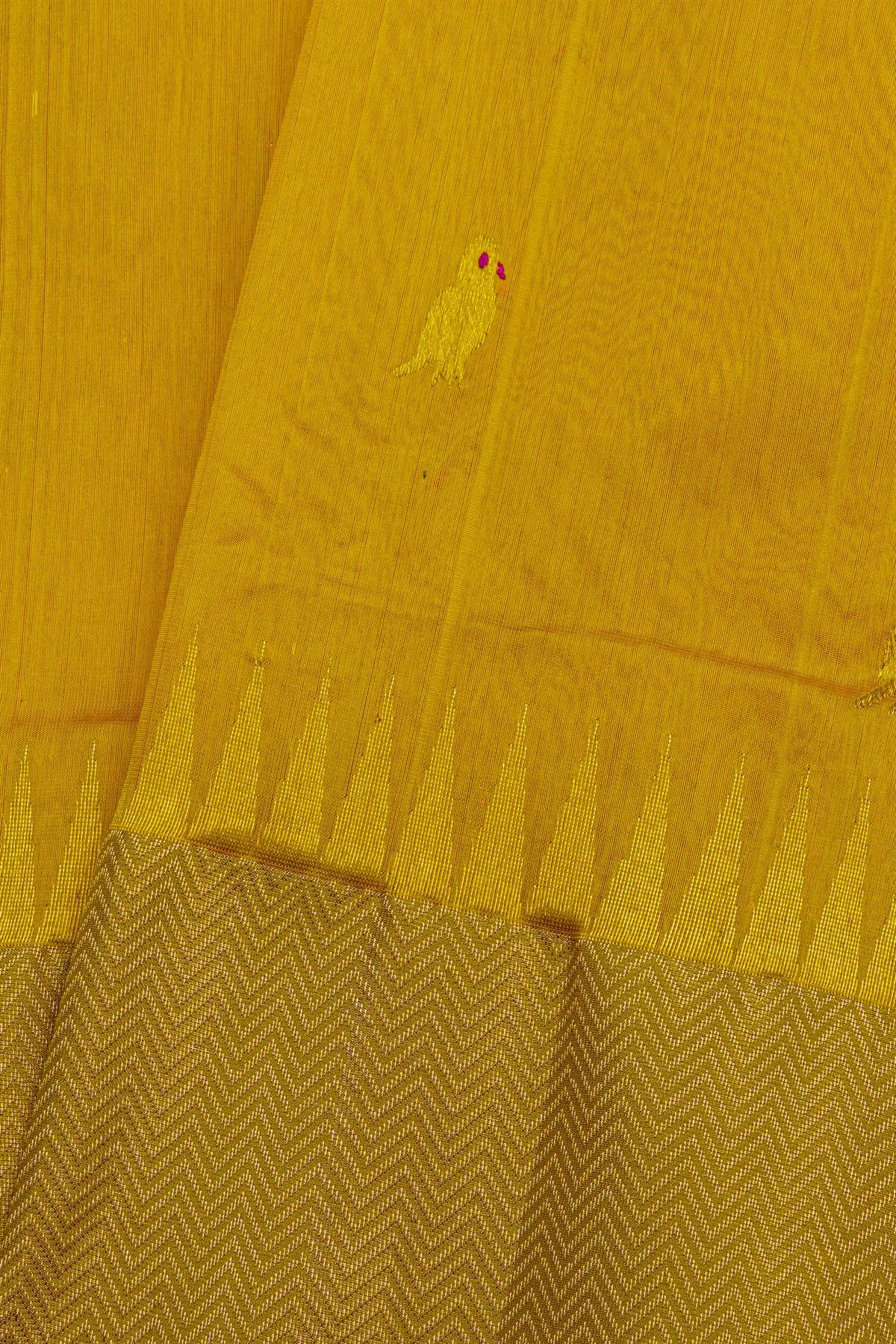 Chanderi Silk Mustard Saree With Parrot Buttis Body