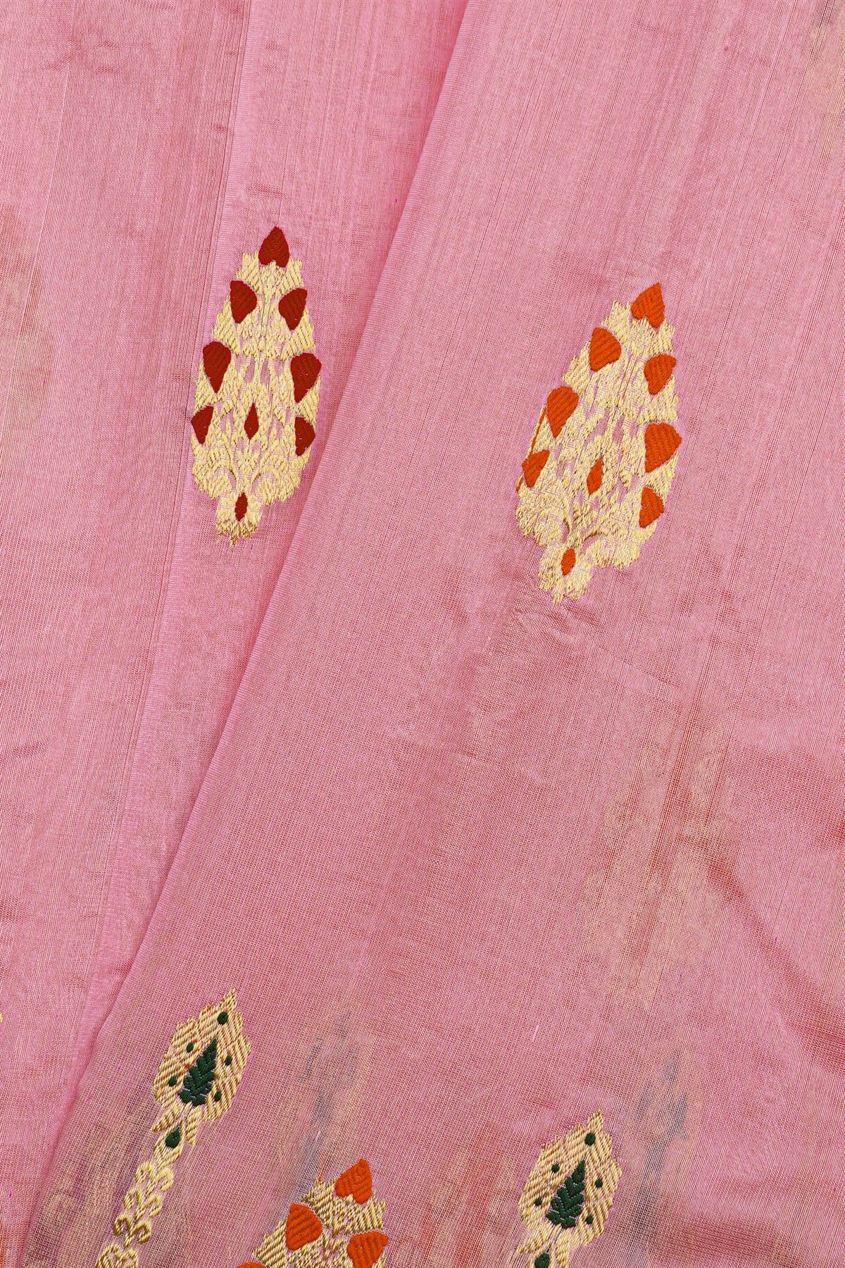 Chanderi Silk Pink Saree With Florals And Leaves Jaal Border