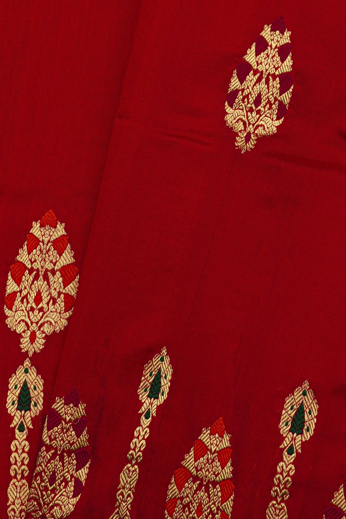 Chanderi Silk Red Saree With Florals And Leaves Jaal Border