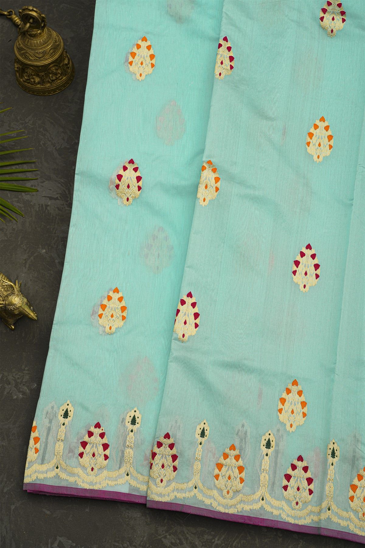 Chanderi Silk Sky Blue Saree With Florals And Leaves Jaal Border
