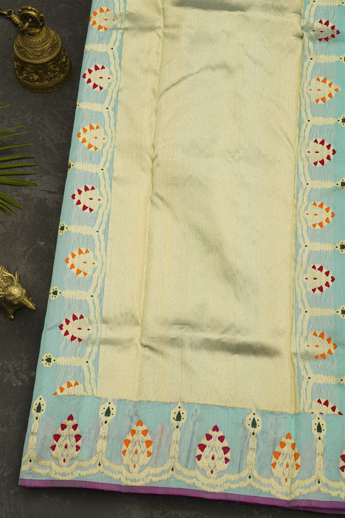 Chanderi Silk Sky Blue Saree With Florals And Leaves Jaal Border