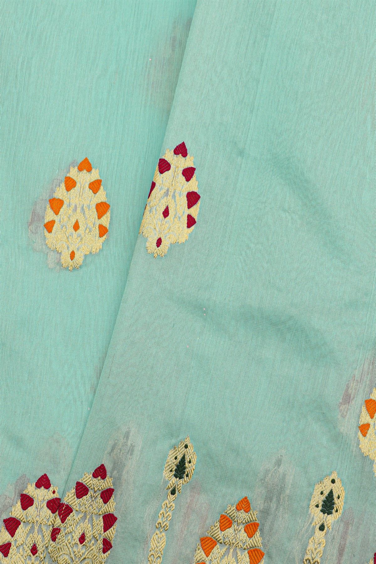 Chanderi Silk Sky Blue Saree With Florals And Leaves Jaal Border