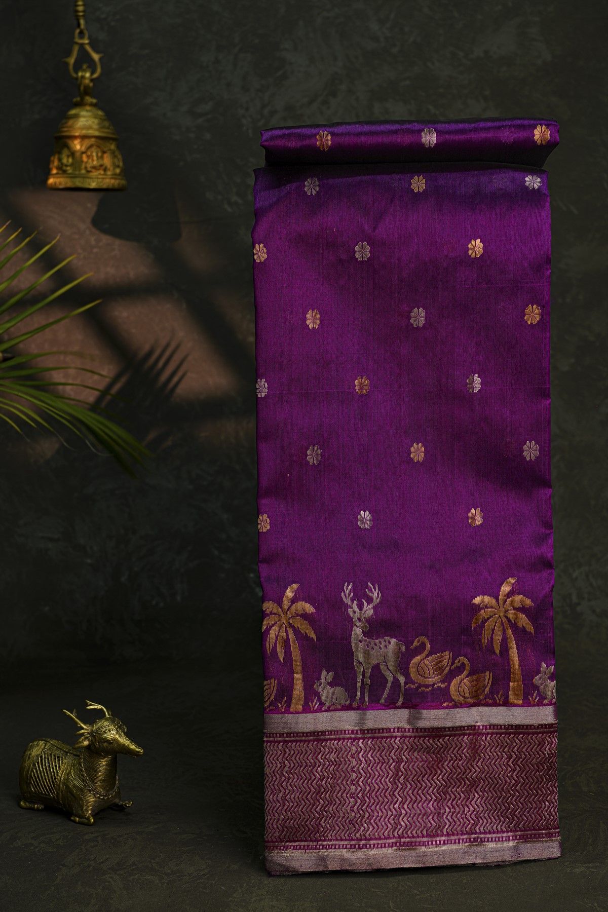 Chanderi Silk Purple Saree With Florals And Animal Motifs Border