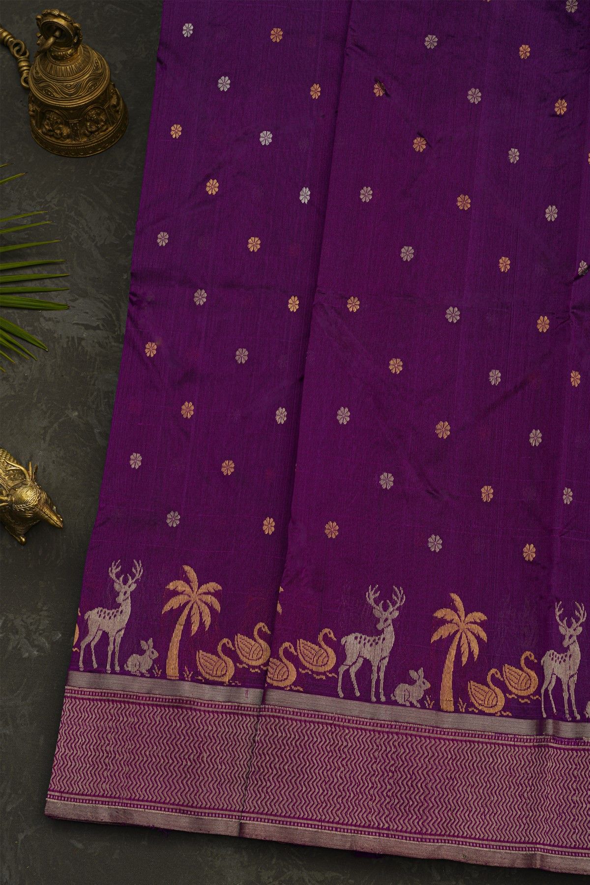 Chanderi Silk Purple Saree With Florals And Animal Motifs Border
