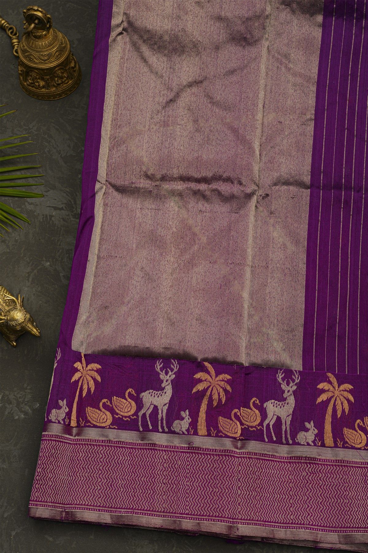 Chanderi Silk Purple Saree With Florals And Animal Motifs Border