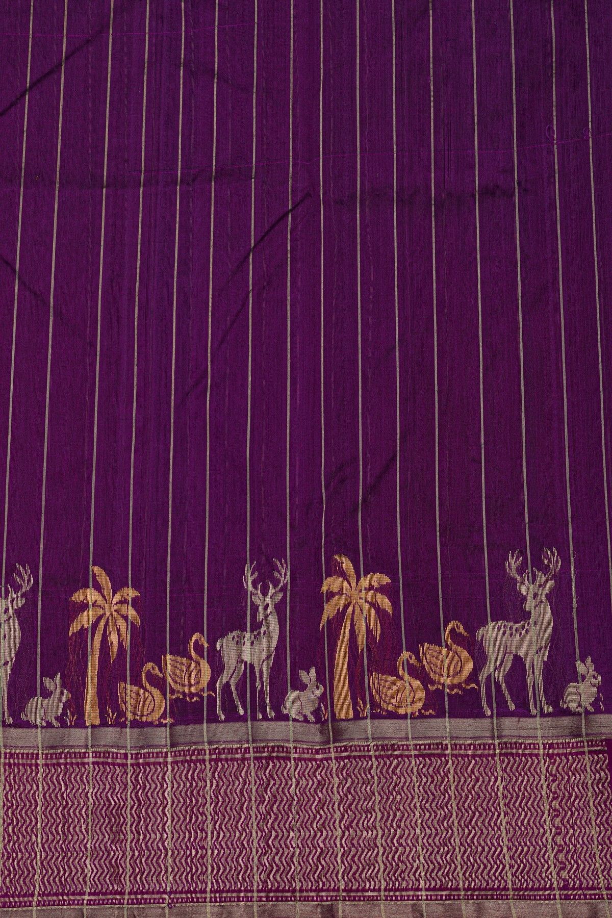 Chanderi Silk Purple Saree With Florals And Animal Motifs Border