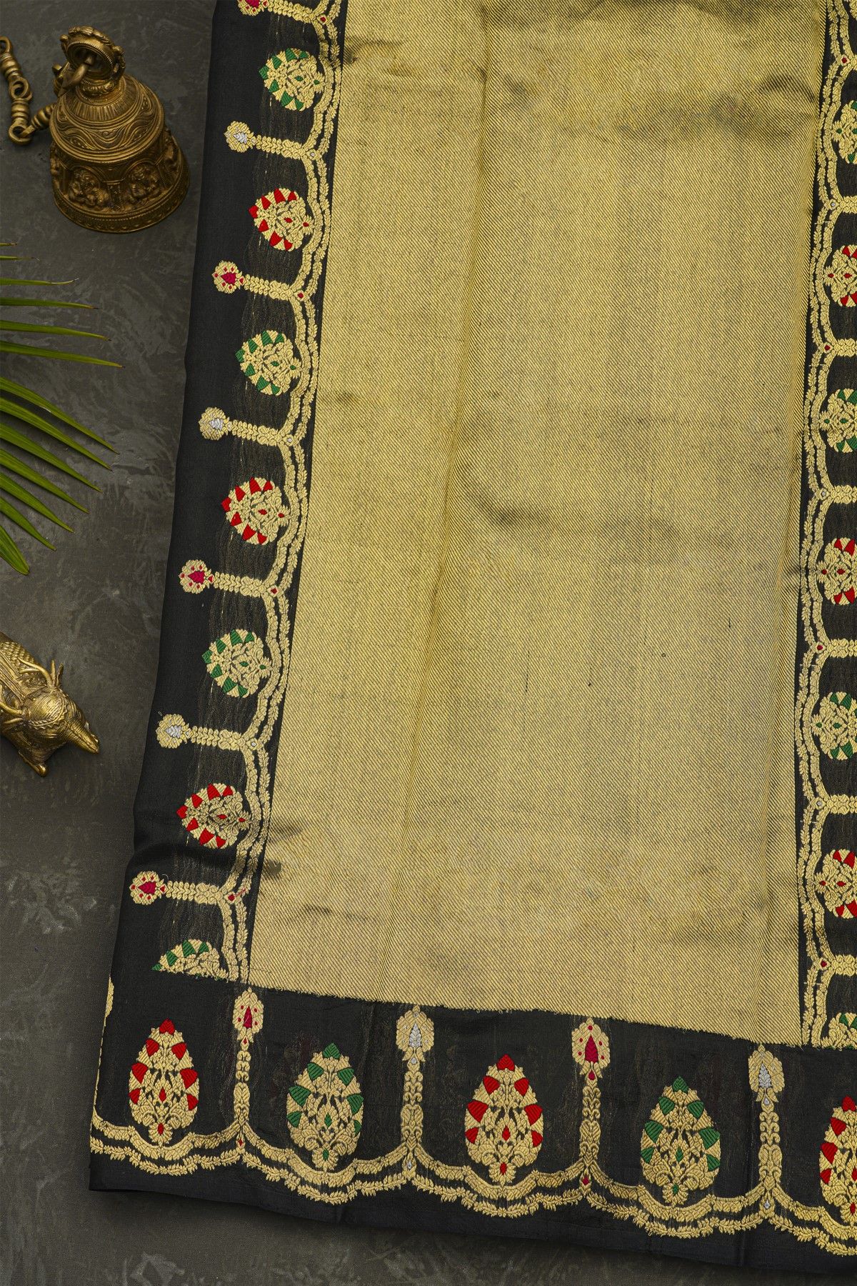 Chanderi Silk Black Saree With Florals And Leaves Jaal Border