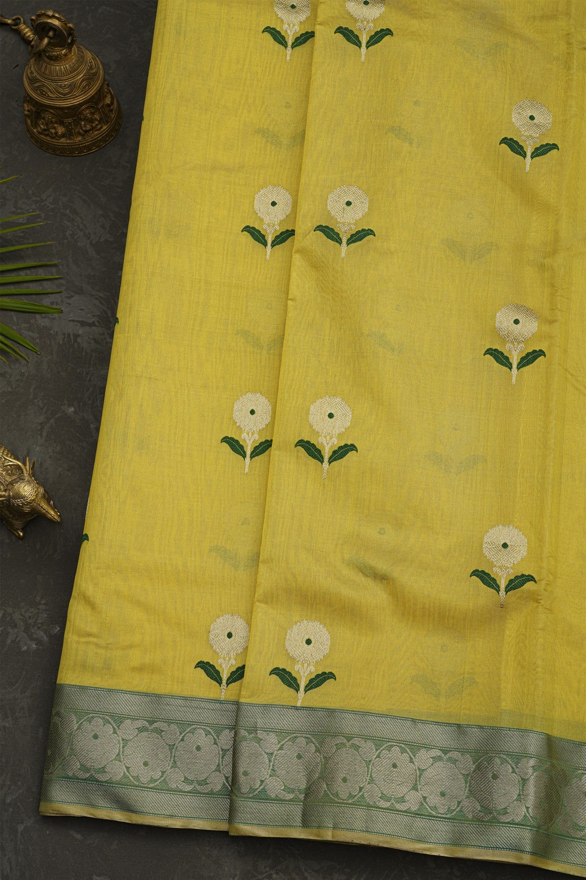 Chanderi Silk Yellow Saree With Florals And Leaves Jaal Border