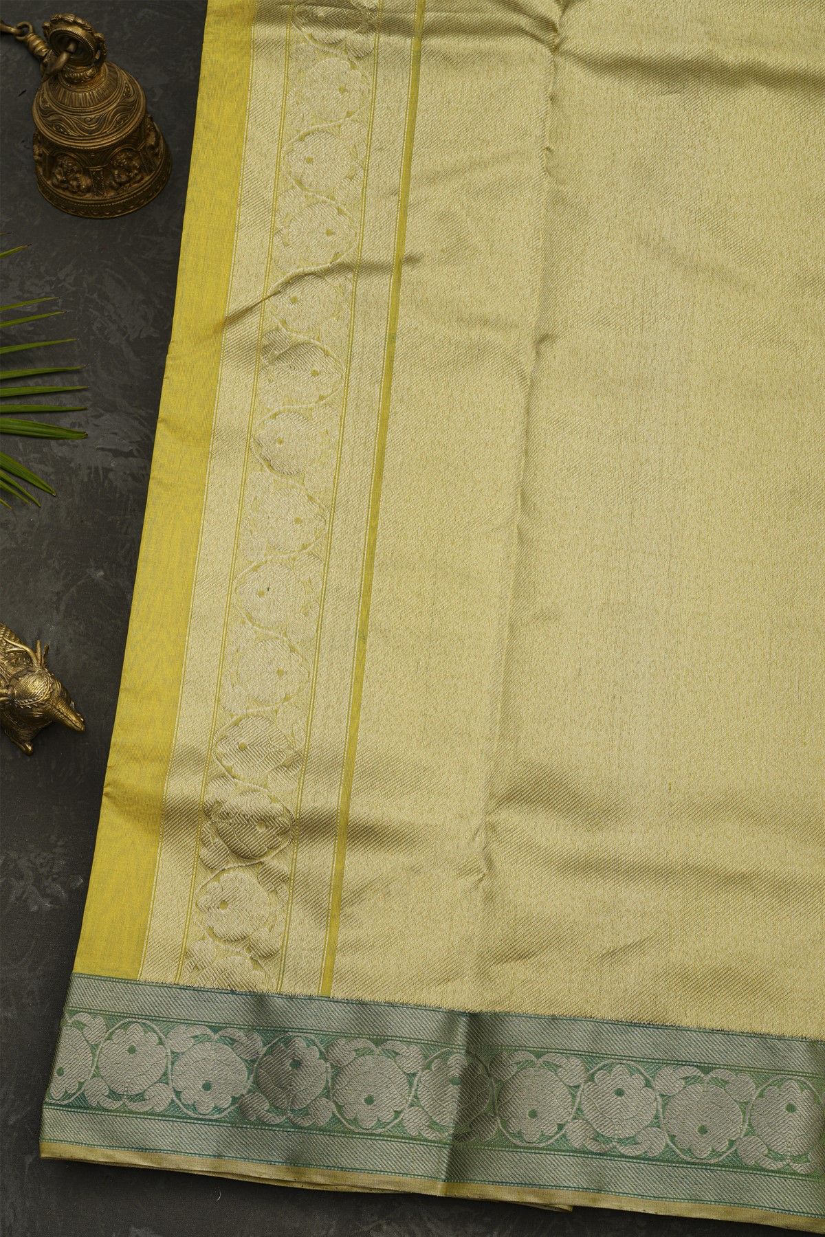Chanderi Silk Yellow Saree With Florals And Leaves Jaal Border