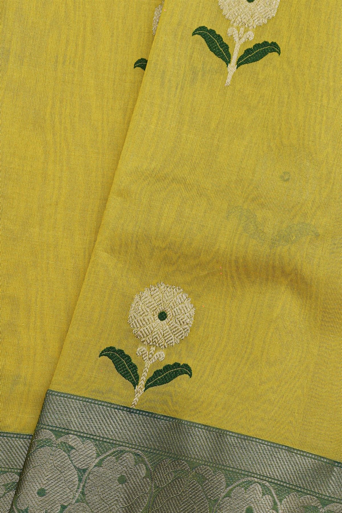 Chanderi Silk Yellow Saree With Florals And Leaves Jaal Border
