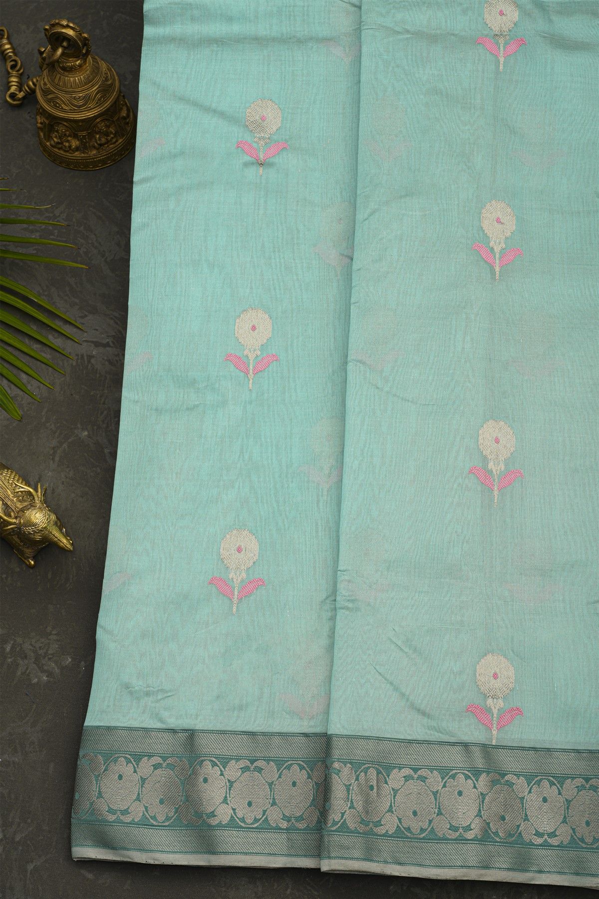 Chanderi Silk Sky Blue Saree With Florals And Leaves Jaal Border