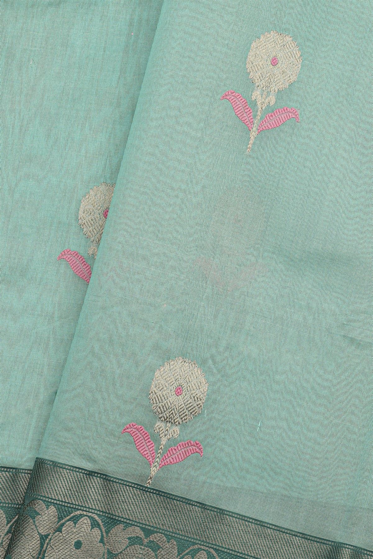 Chanderi Silk Sky Blue Saree With Florals And Leaves Jaal Border