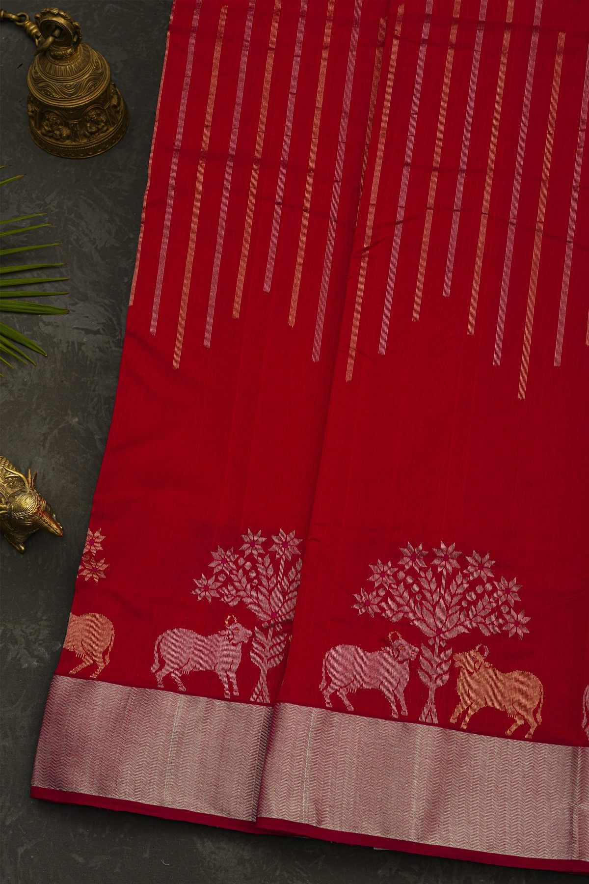Chanderi Silk Red Saree With Florals And Pichwai Cows Body