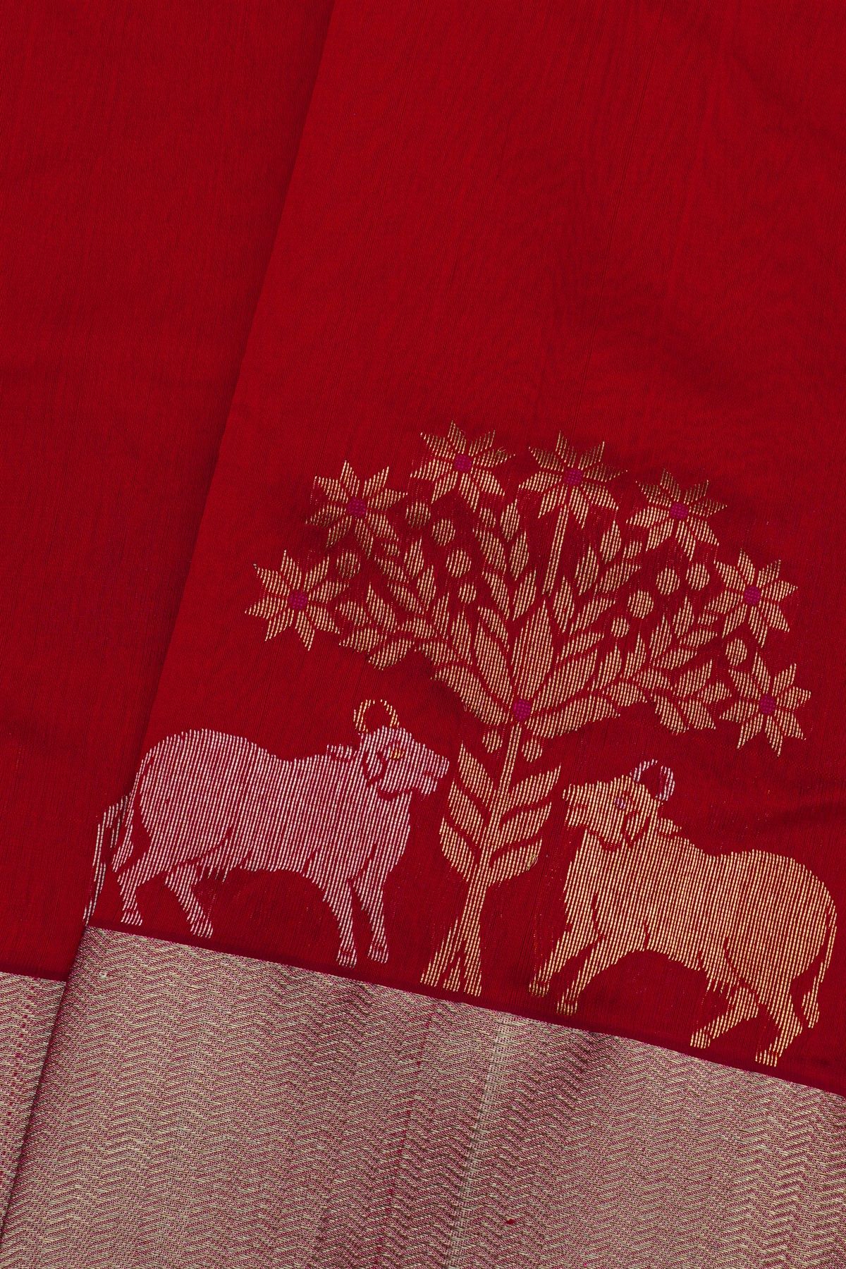 Chanderi Silk Red Saree With Florals And Pichwai Cows Body