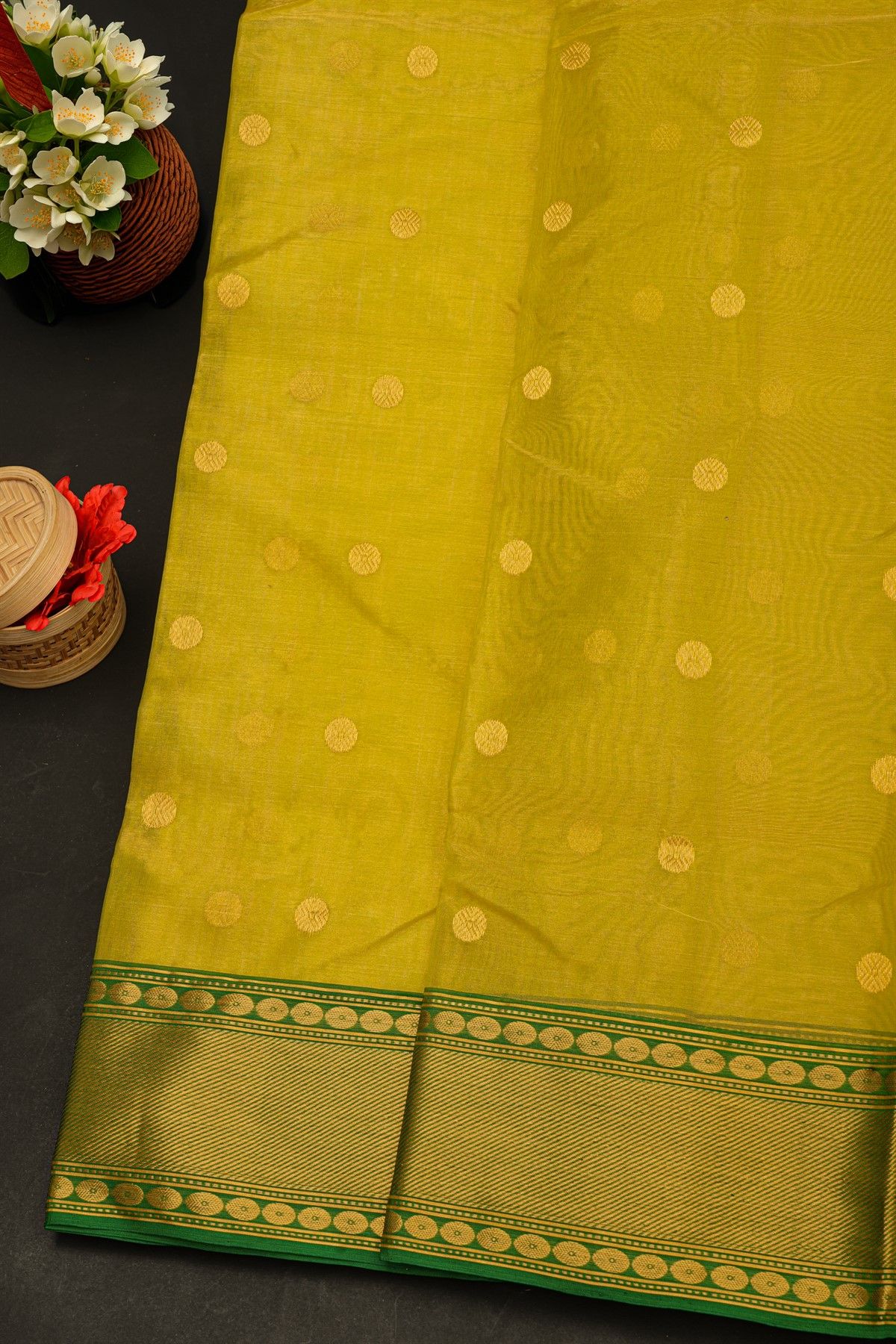 Chanderi Silk Mustard Yellow Saree With Rudraksha Buttis Body