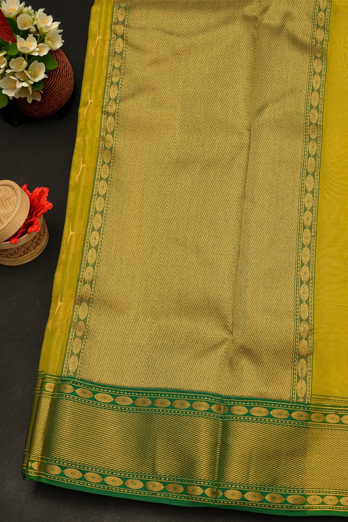 Chanderi Silk Mustard Yellow Saree With Rudraksha Buttis Body