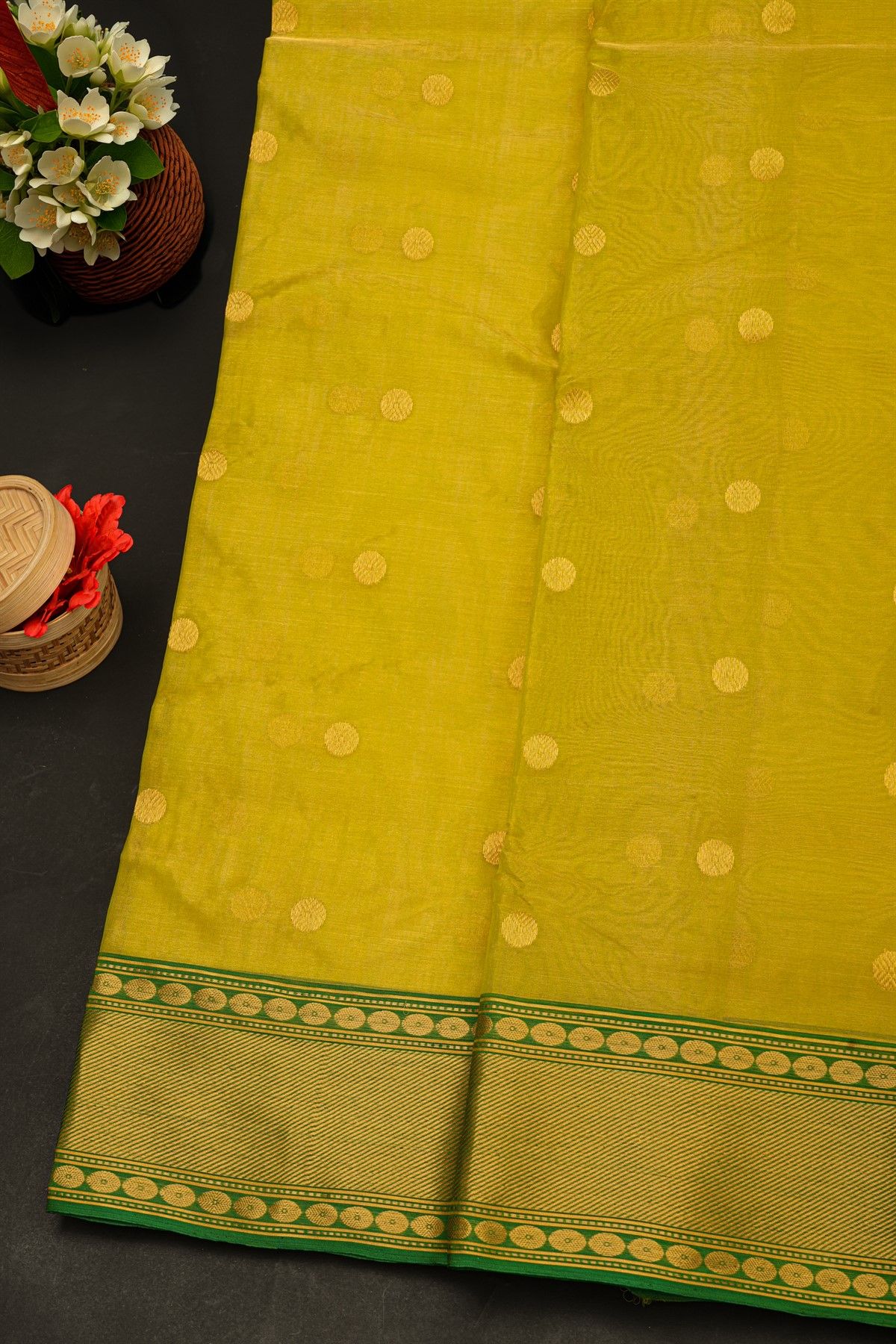 Chanderi Silk Mustard Yellow Saree With Cross Lines In Zari Border