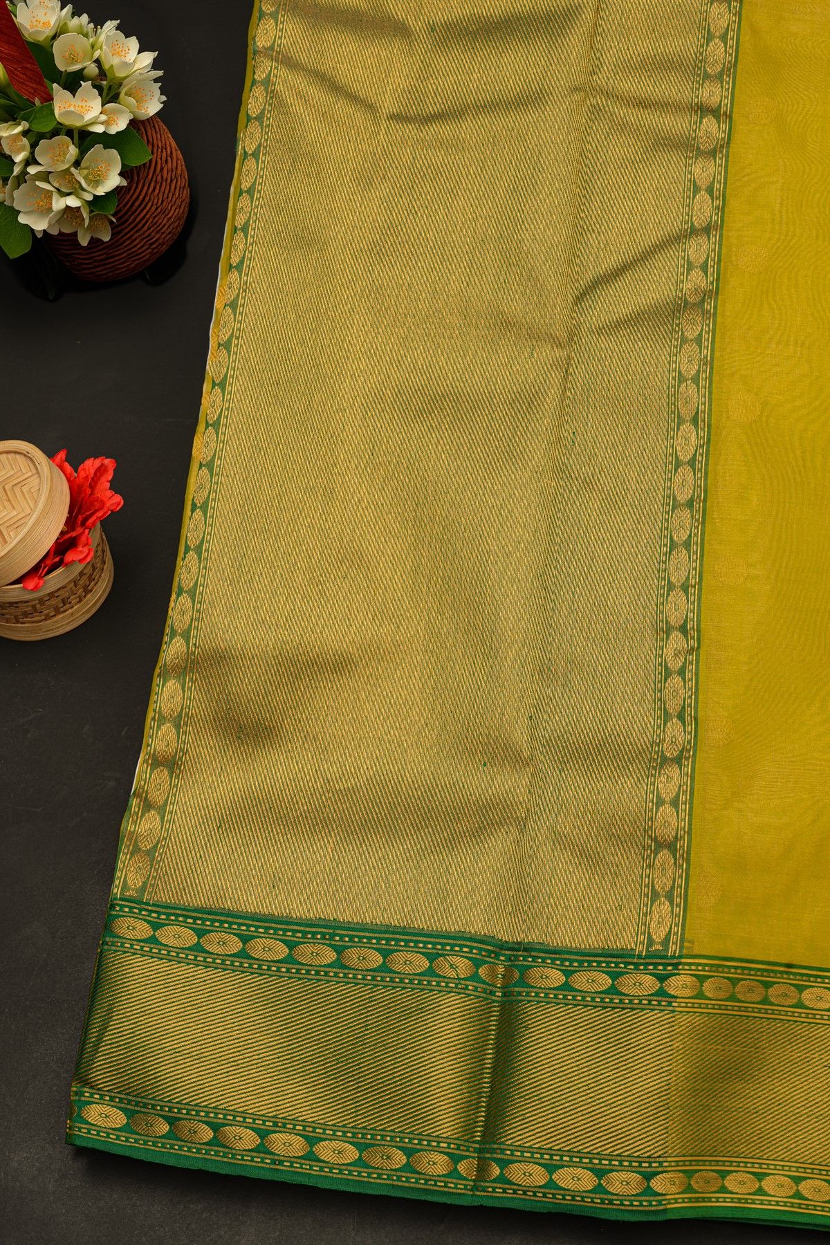 Chanderi Silk Mustard Yellow Saree With Cross Lines In Zari Border