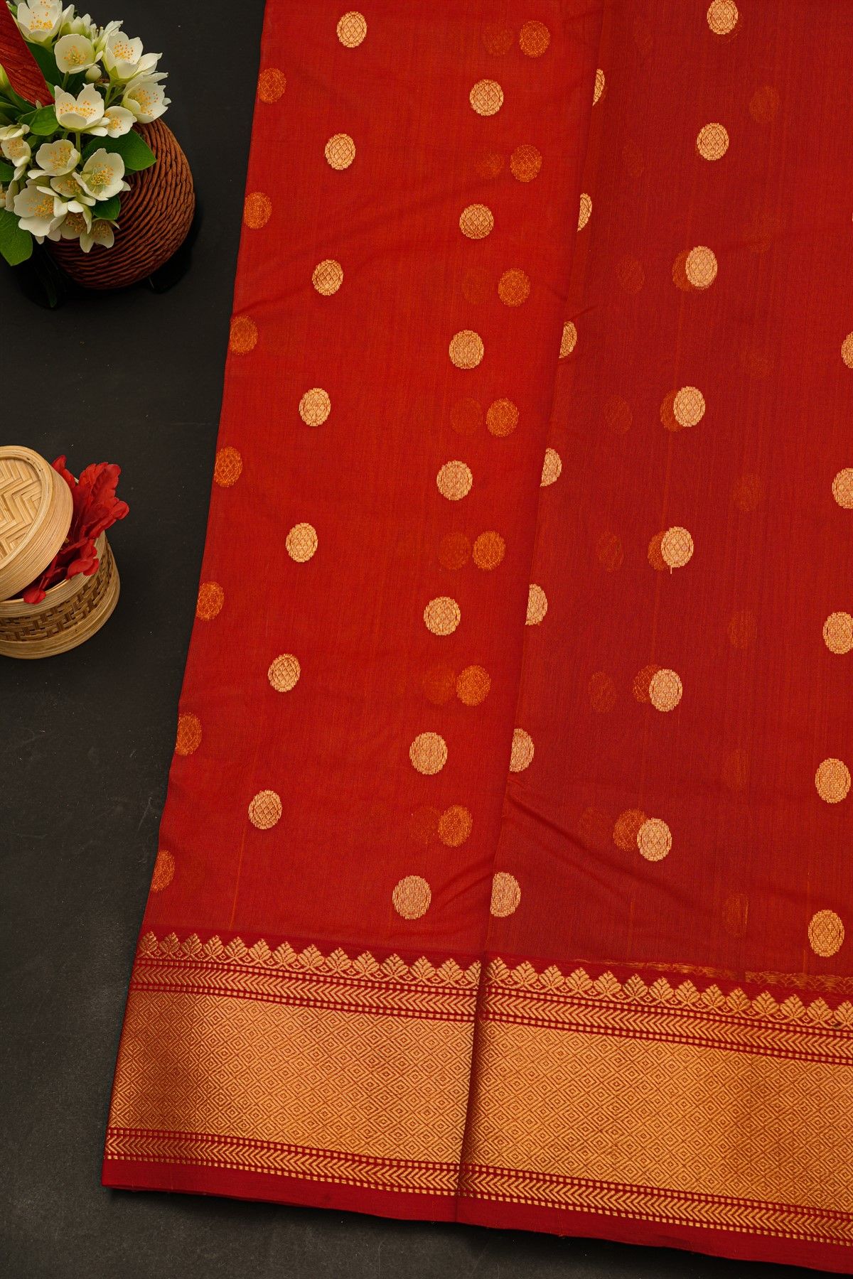Chanderi Silk Red Saree With Diamonds And Florals In Zari Border