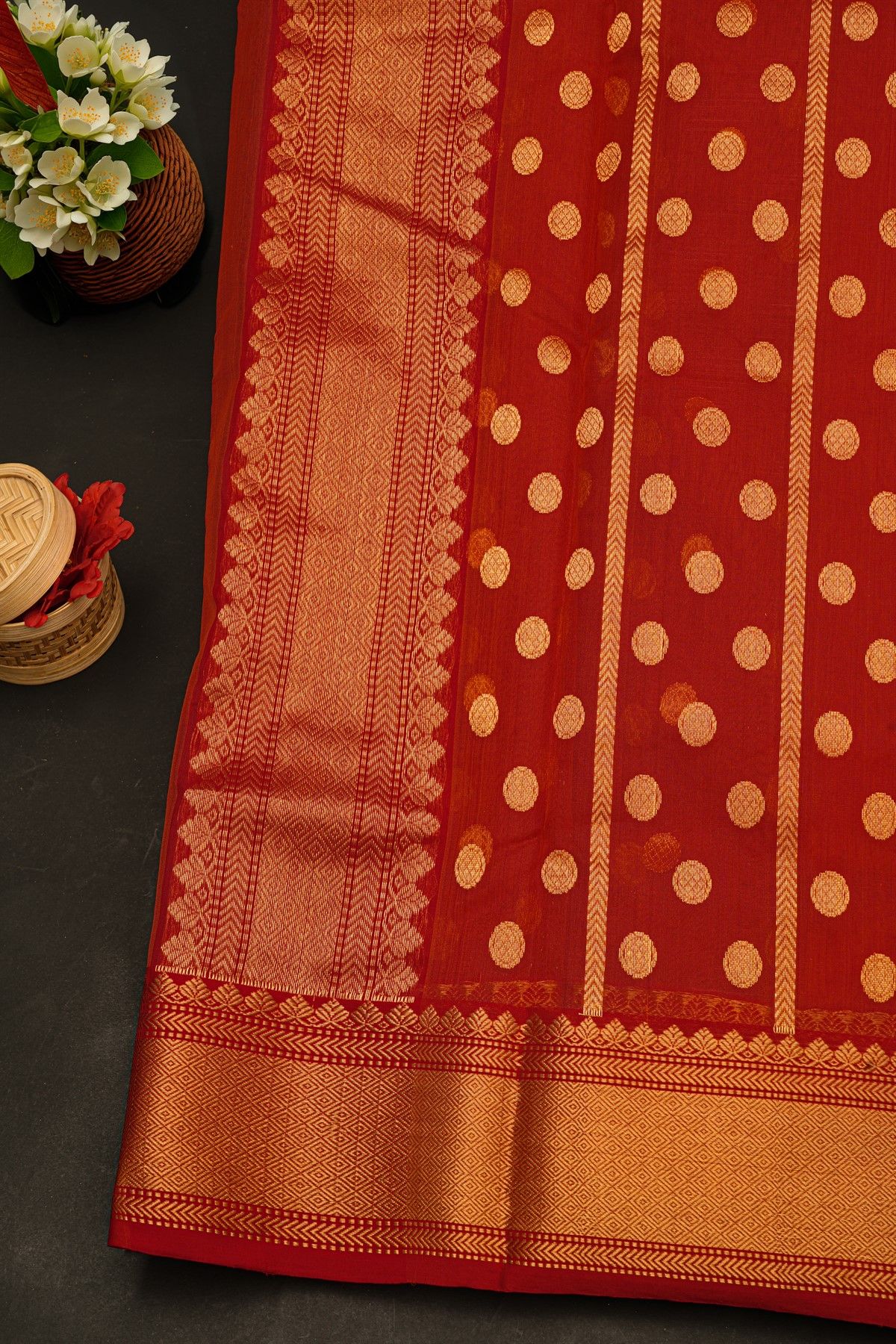 Chanderi Silk Red Saree With Diamonds And Florals In Zari Border