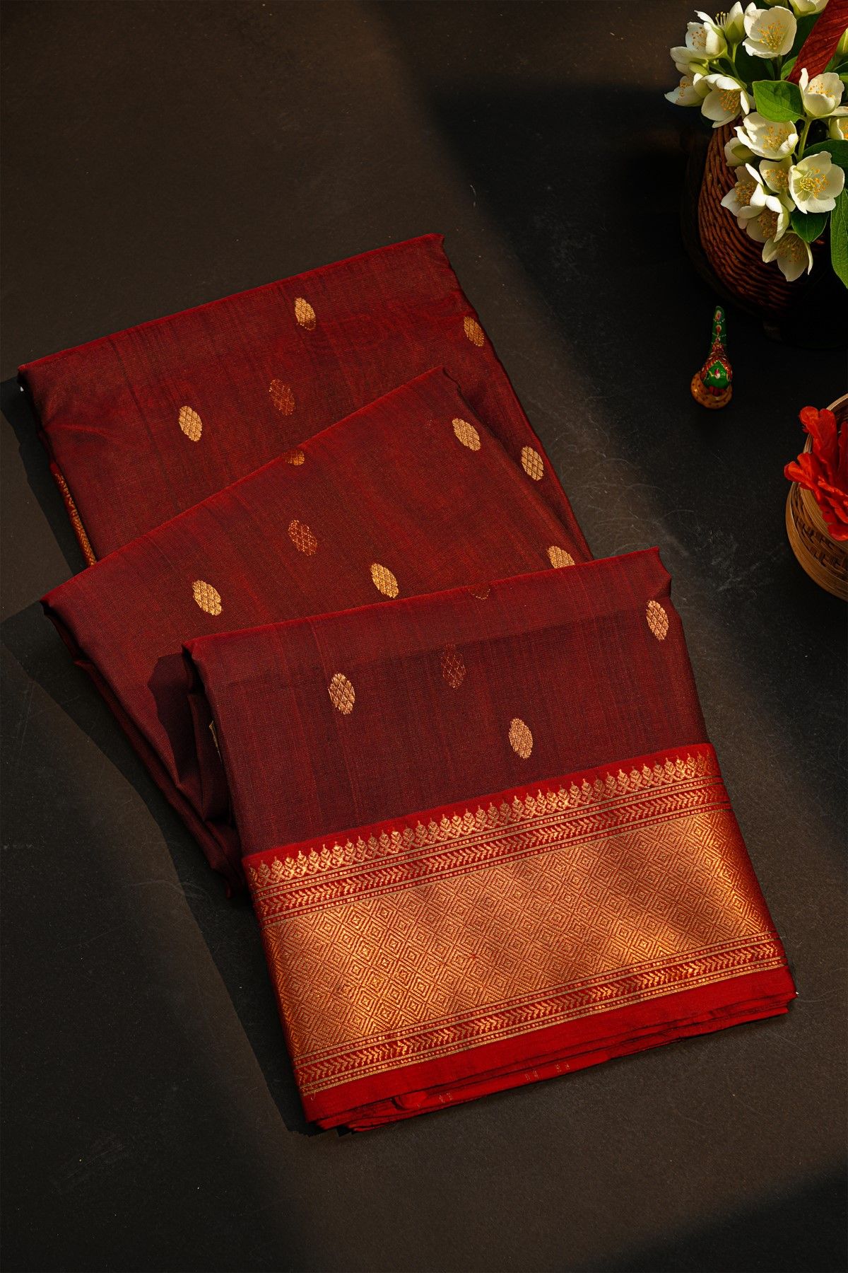 Chanderi Silk Maroon Saree With Florals And Buttis Body