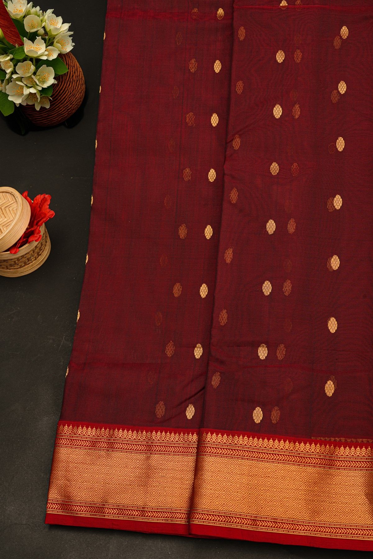 Chanderi Silk Maroon Saree With Florals And Buttis Body