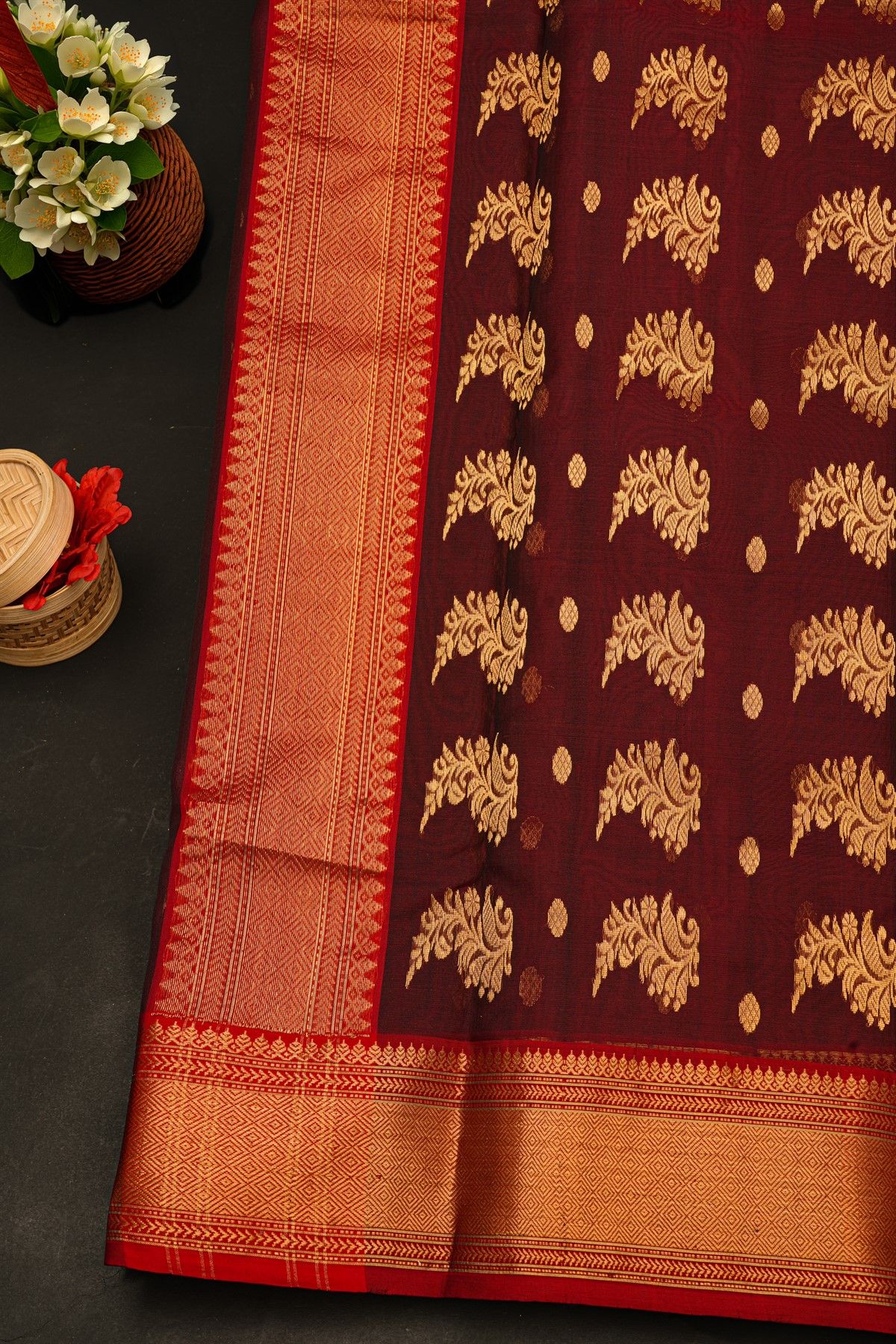 Chanderi Silk Maroon Saree With Florals And Buttis Body