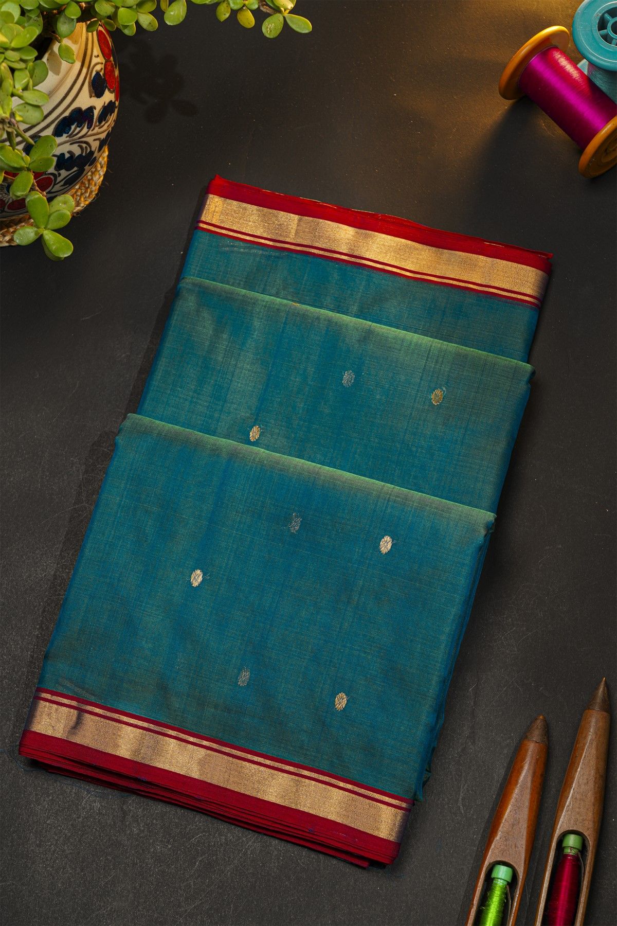 Chanderi Silk Teal Green Saree With Contrast Kaddi Border