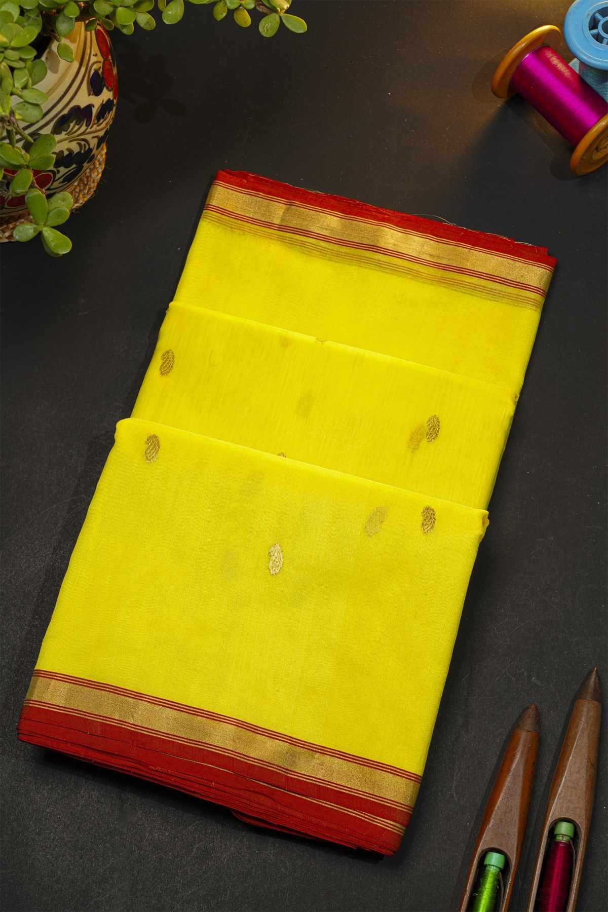 Chanderi Silk Yellow Saree With Contrast Kaddi Border