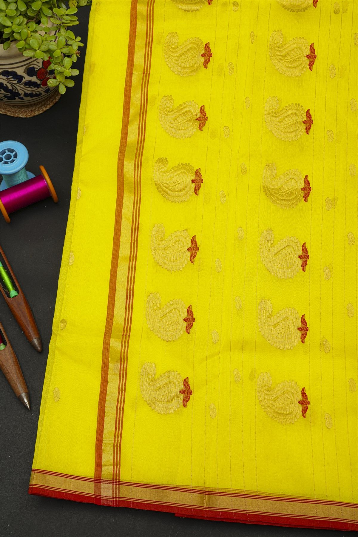 Chanderi Silk Yellow Saree With Contrast Kaddi Border