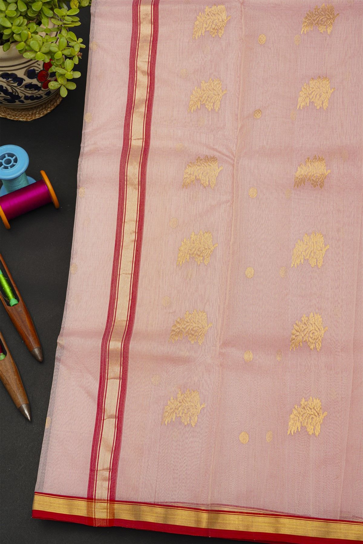 Chanderi Silk Baby Pink Saree With Kaddi Border