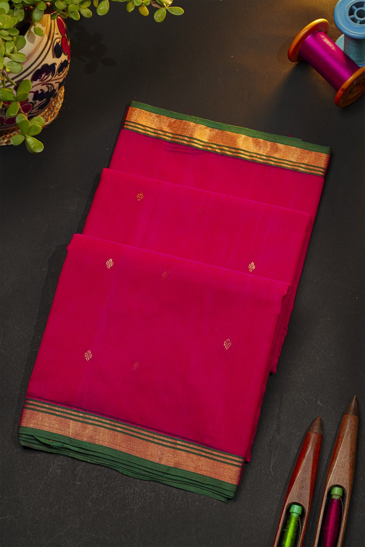 Chanderi Silk Rani Pink Saree With Kaddi Border