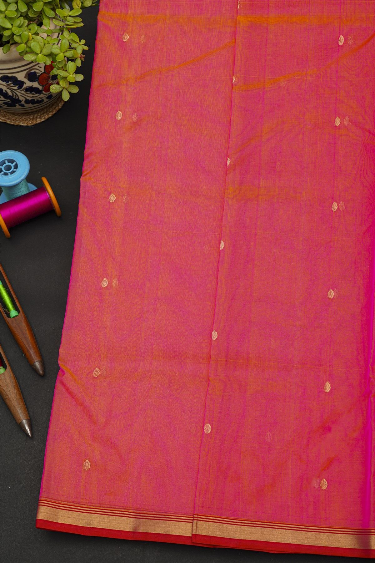 Chanderi Silk Peach Pink Saree With Kaddi Border