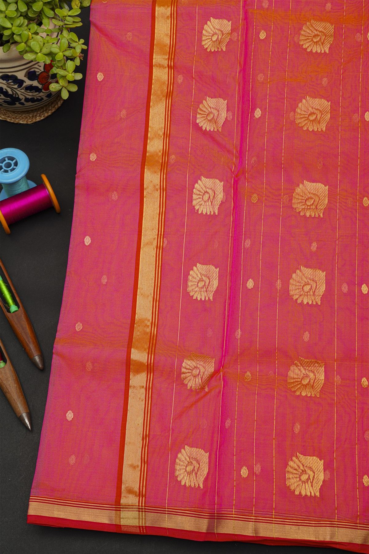 Chanderi Silk Peach Pink Saree With Kaddi Border