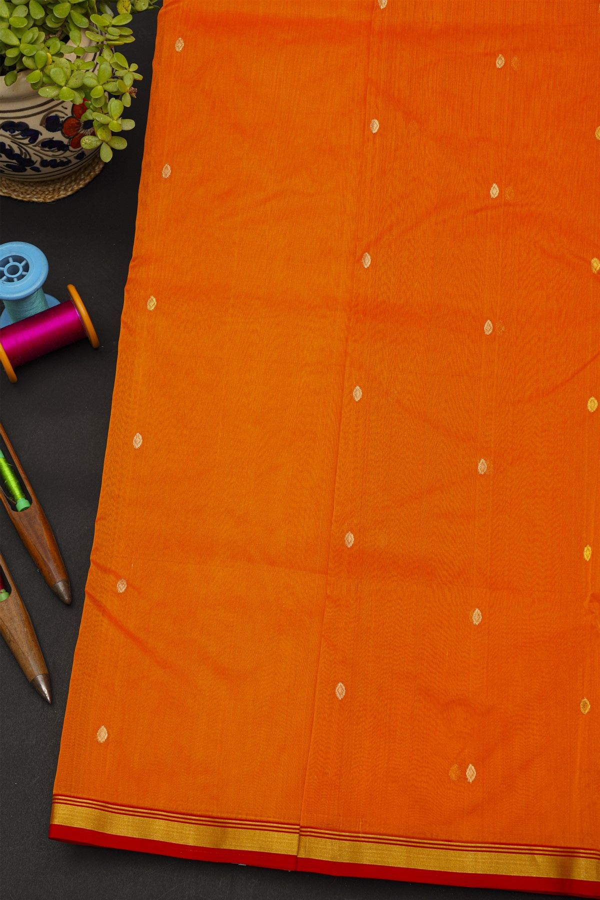 Chanderi Silk Orange Saree With Contrast Kaddi Border