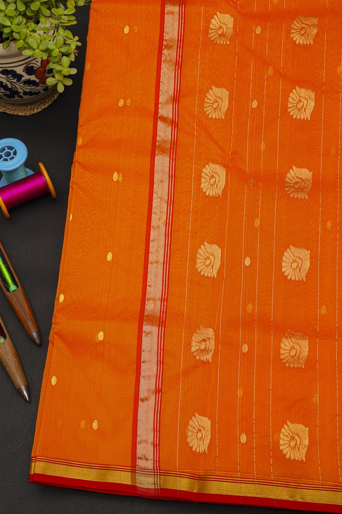 Chanderi Silk Orange Saree With Contrast Kaddi Border