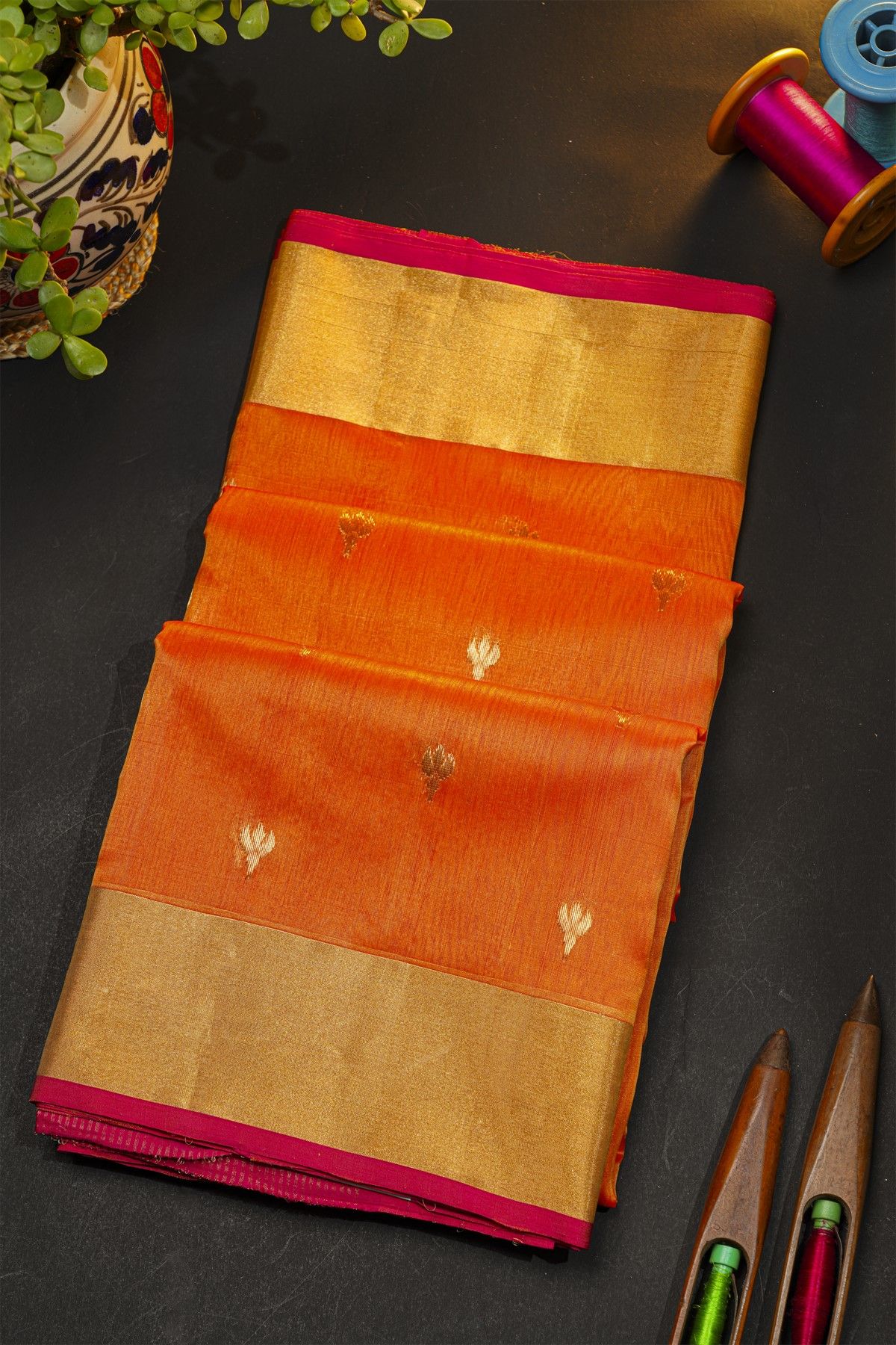 Chanderi Sico Orange Saree With Contrast Kaddi Border