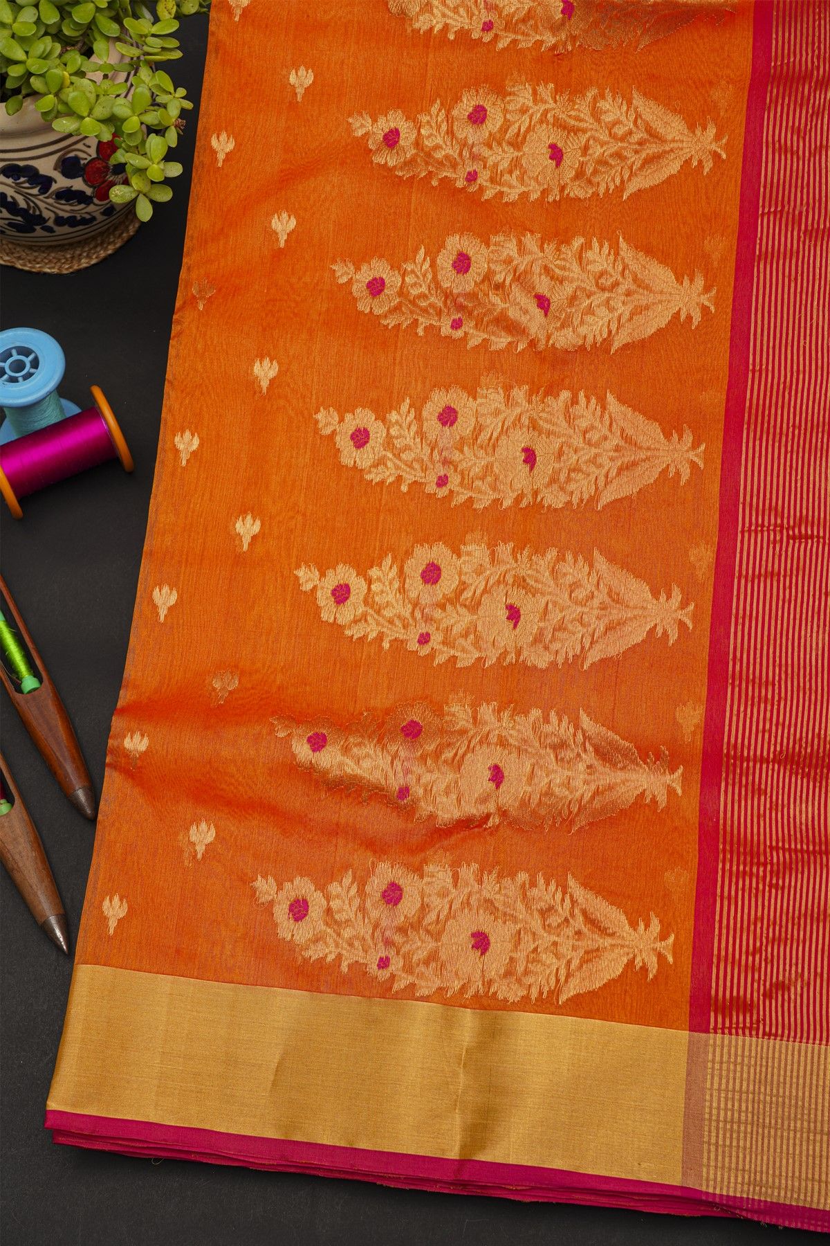 Chanderi Sico Orange Saree With Contrast Kaddi Border