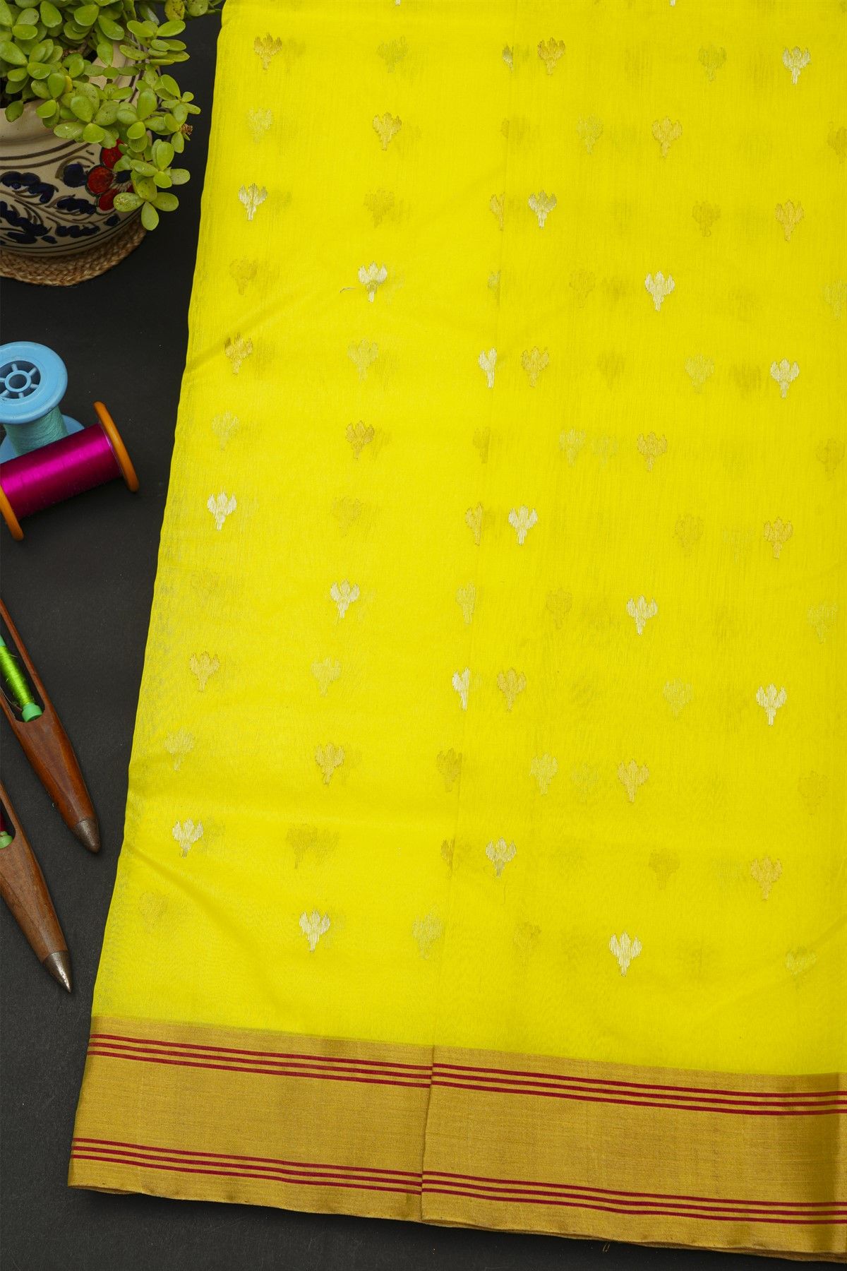 Chanderi Sico Yellow Saree With Gap Motifs Border