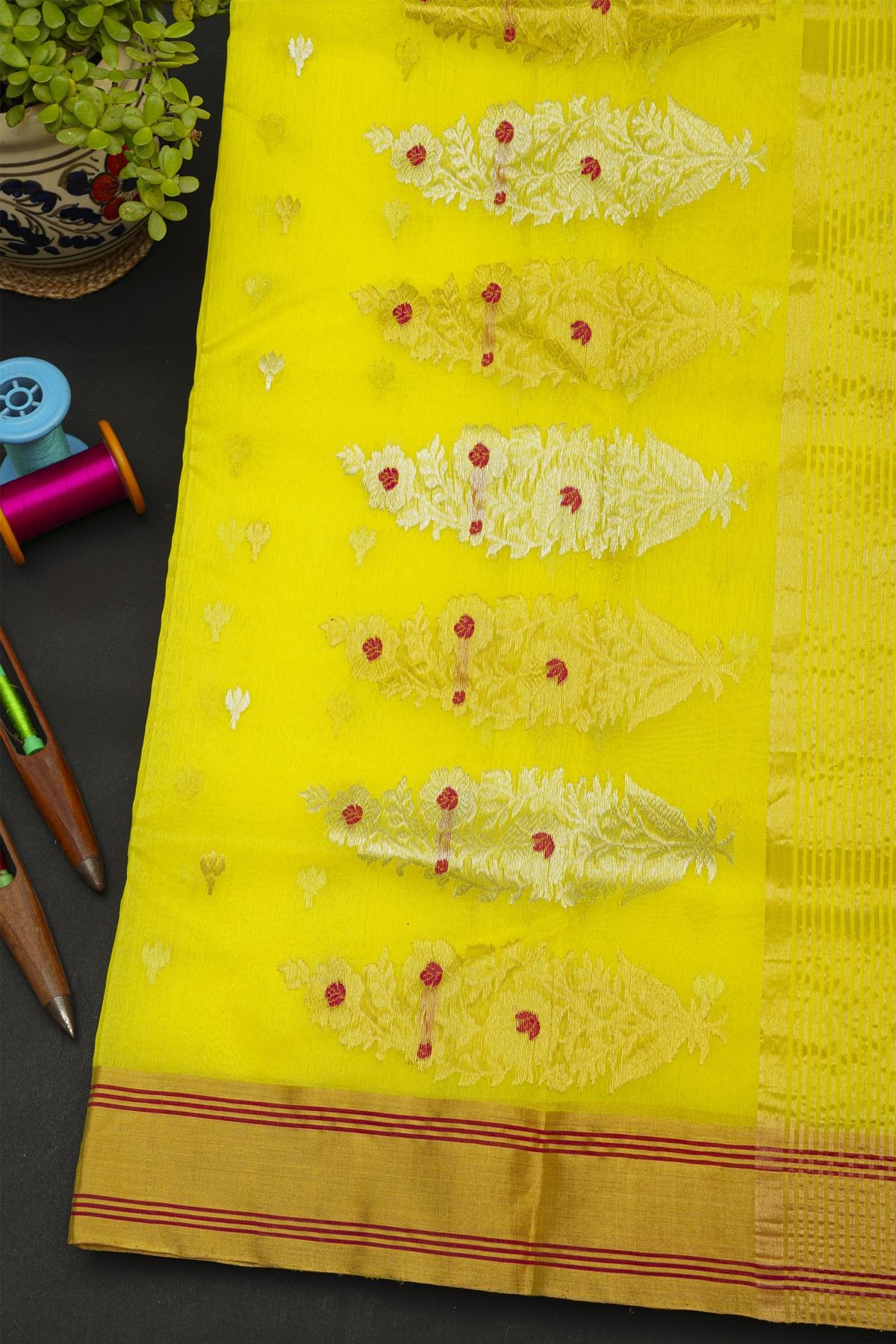Chanderi Sico Yellow Saree With Gap Motifs Border