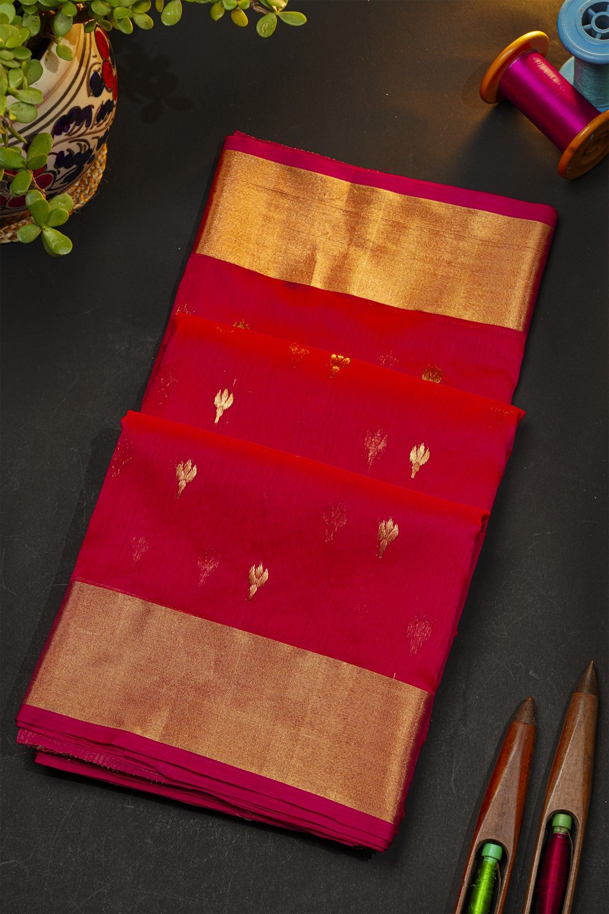 Chanderi Silk Red Saree With Kaddi Border