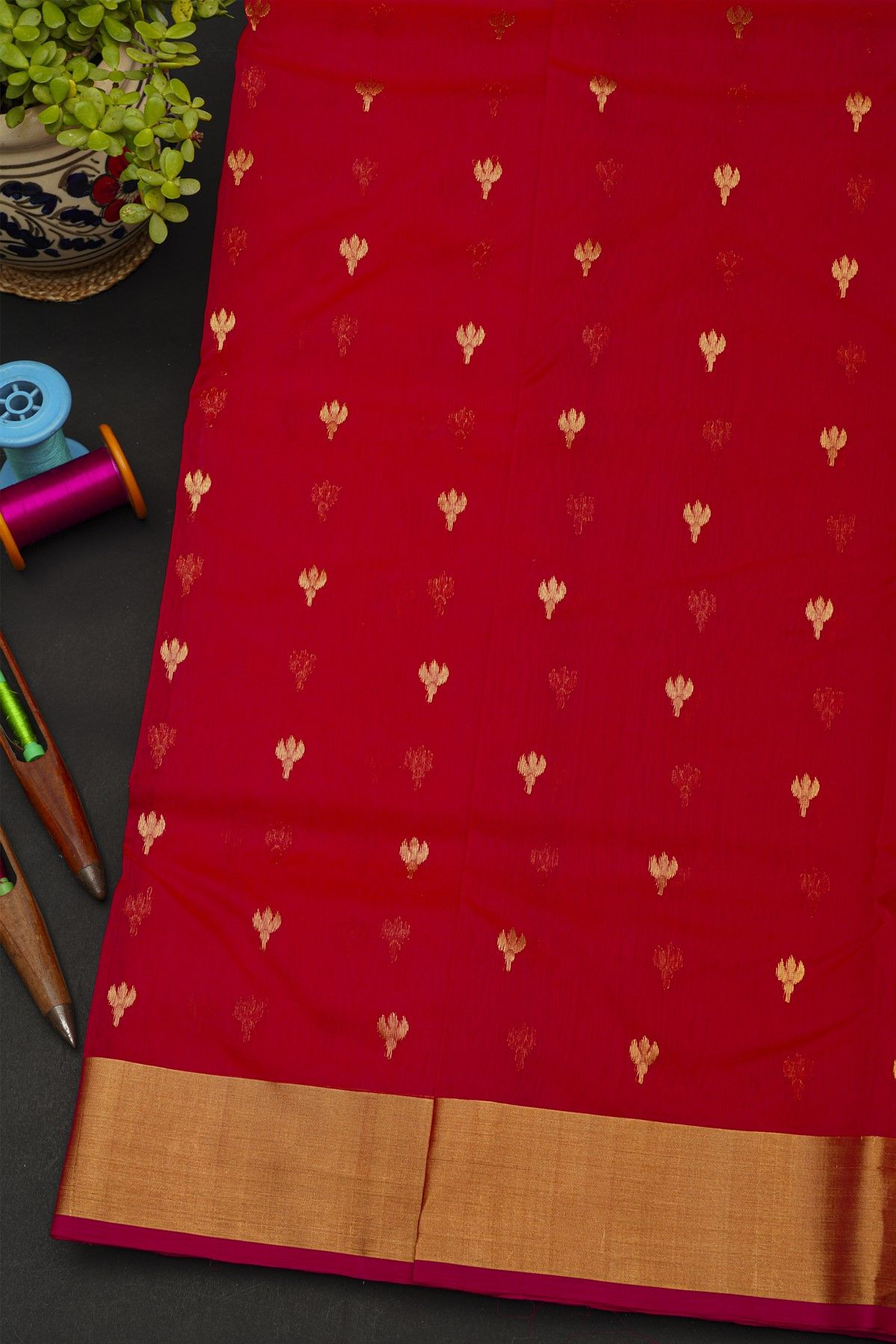 Chanderi Silk Red Saree With Kaddi Border