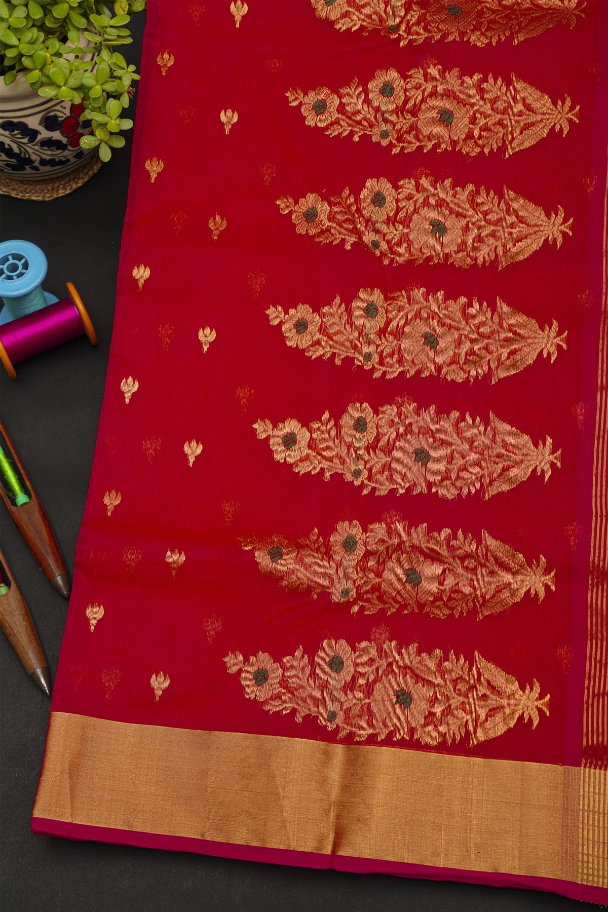 Chanderi Silk Red Saree With Kaddi Border